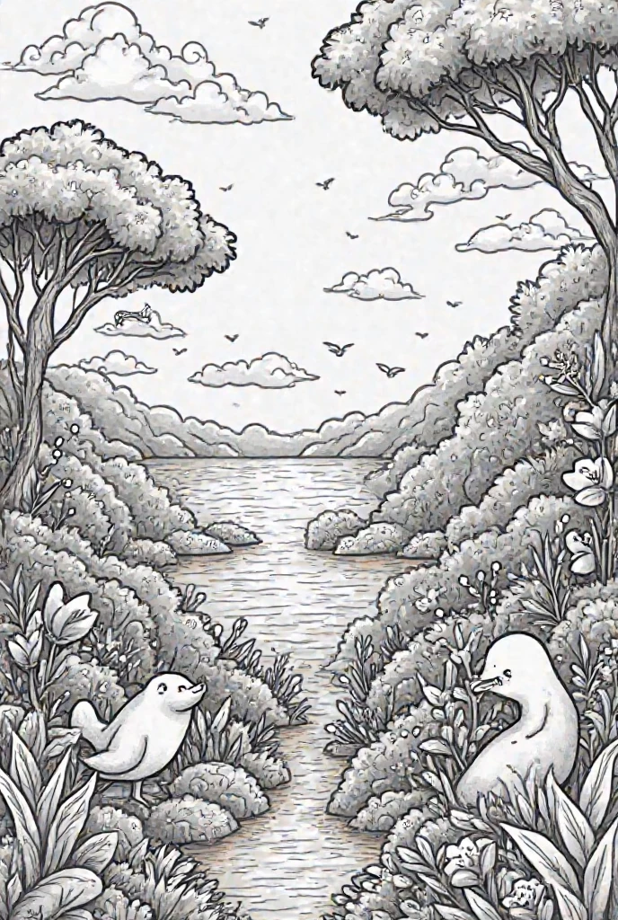 I want a coloring book for s with drawings of animals, trees, sea and sky. The book consists of 20 pages
