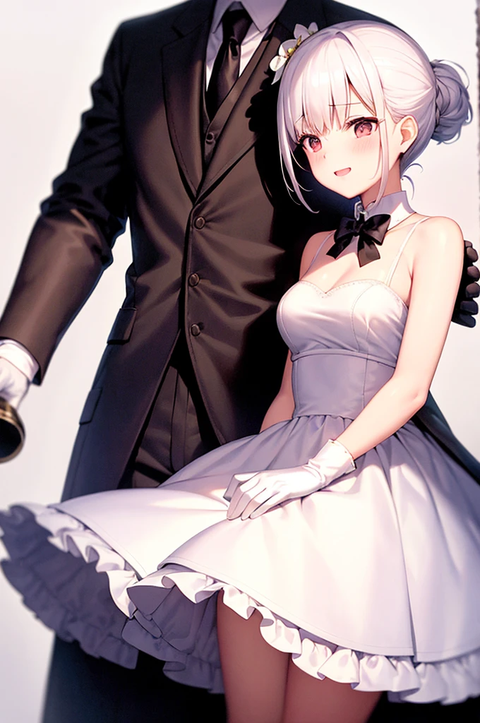 Gray Hair Woman with ponytail Short-haired man Golden Eyes fur Black top dress tuxedo Couple illustration Anime-style Have a big axe brown muscle beautiful ウエディングdress Bride and groom Warrior Couple