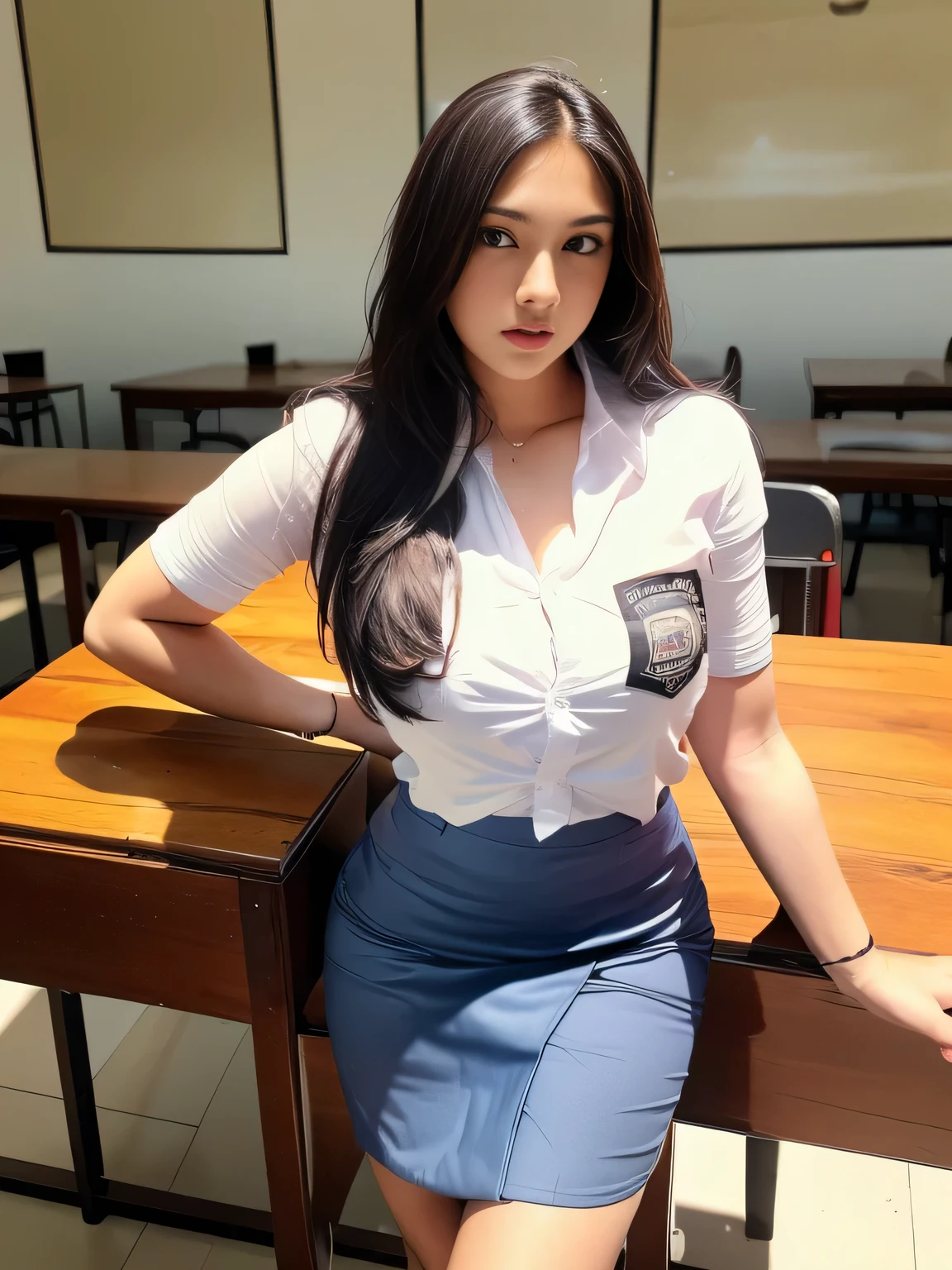 1girl, solo, 19 years old, (uniform), detailed classroom at the background, seductive pose, thick medium breasts, fit body, smooth realistic skin, cute angry face, white shirt, grey blue short skirt, looking at the audience, high angle shot, (zoom-out:1.3), (8k, RAW photo, best quality, masterpiece: 1.4), (realistic, realistic: 1.37), ultra-high resolution, cowboy shot