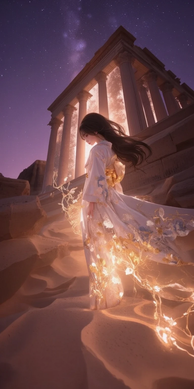 woman in Japanese kimono climbing the steps of an ancient Roman temple、white and gold glowing kimono、Looking Back、Detailed black eyes、black hair、wavy hair up to the waist、Long staircase、Strong winds、dark purple starry sky、Sand Dust、Ultra Wide Angle、from below、Top Quality、high image quality、masterpiece:1.4、high definition、absurd、8k、Spirit of the Wind、PA311
