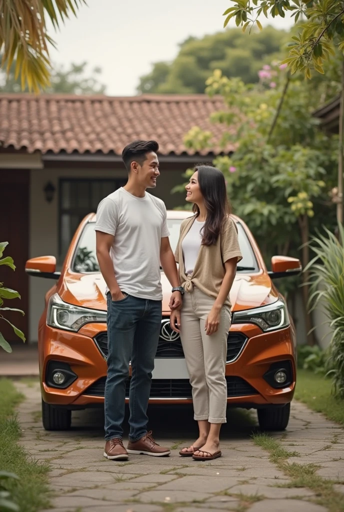 Generate an realistic AI image of man First car reveal to wife - The man proudly showing his first car to his wife in their driveway, with the wife looking disappointed.
