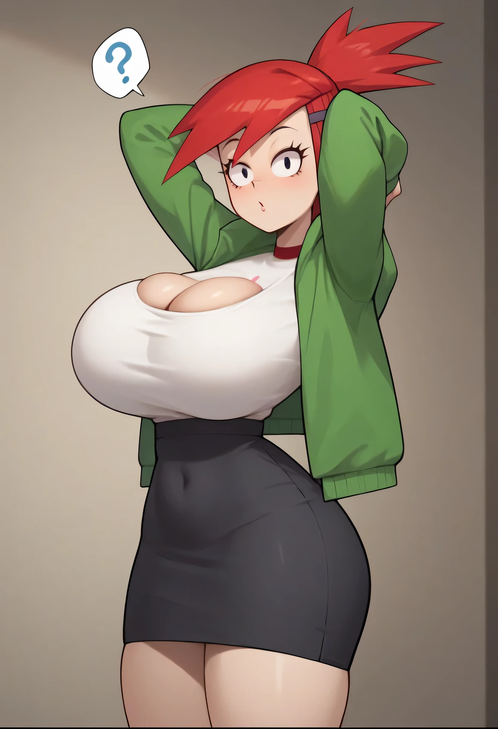 high quality,frankiefoster,Alone ,a green jacket , white shirt, black shorts, thick thighs and thin waist, fat ass, breasts,bursting breasts,(Question mark next to the head)hands behind the head,looking at the viewer,(Ovum and sperm fertilization ,lower)