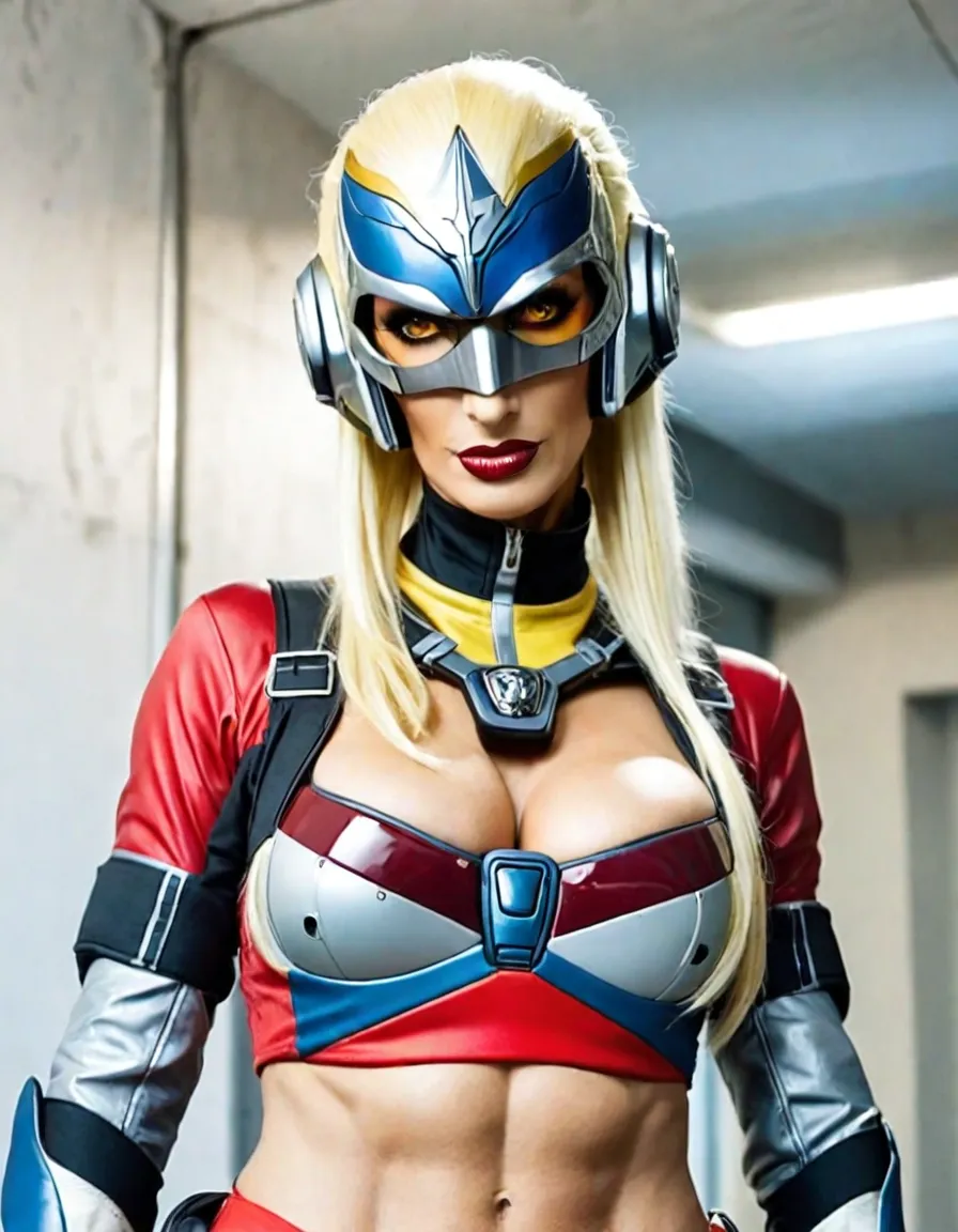 Sexy lace Gundam suit, Beautiful 20 years old Blond girl in suit vivid multicolor high details, glamour photo, wavy hair, big boobs, cyber punk, dark makeup, mohawk hair, tech room, sitting in big captain chair, front view, view at room, looking out of the window of her spaceship