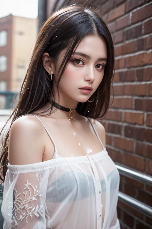 (Best quality, 4k, Masterpiece :1.4), pretty woman, 1girl, sexy :1.1, bangs dark brown hair: 1.1, ultra-detailed face, detailed lips, detailed eyes, double eyelid, in the dark, deep shadow, low key, cold light, (Best quality, 4k, Masterpiece :1.4), pretty woman, sexy :1.1, dark brown hair: 1.1, ultra-detailed face, detailed lips, detailed eyes, double eyelid, ((see through white tops:1.4)),
