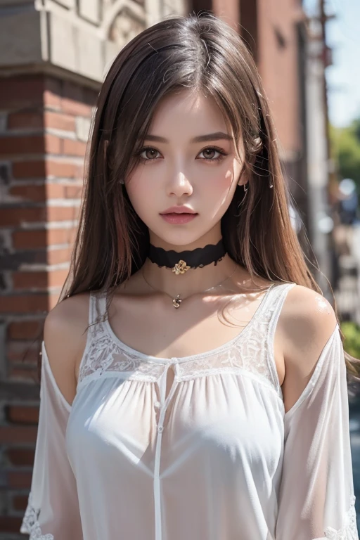 (Best quality, 8k, masterpiece: 1.3), a beautiful woman with perfect figure: 1.4, dark brown hair, wearing choker, wearing pink apron, in the Alice farified , highly detailed face and skin, detailed eyes, double eyelids, big breasts, bokeh, praturing2, cowboy_shot)