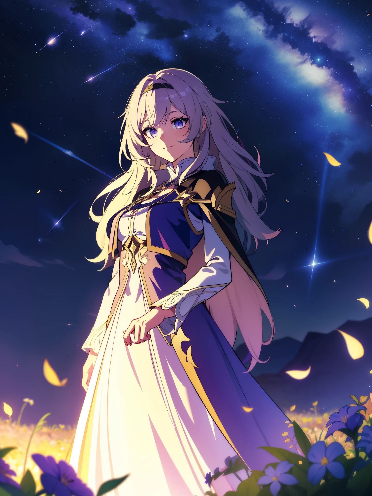 (high-quality, breathtaking),(expressive eyes, perfect face) portrait, 1girl, female, solo, young , black hair, pink eye color, medium hair length, soft wavy hair, gentle smile, loose hair, side bangs, looking at viewer, portrait, medium full shot, happy expression, ribbon in hair, flower in hair, fantasy clothing, elegant, mature, height 4"3, adventurer attire, warlock attire, warlock profession, short height, Dungeons & Dragons character, jacket, dress, cape, winged cape, Firefly Honkai Star Rail Character, starry sky, dawn in the distance, shooting stars, backgroound, flower field, scenary, cloudy sky, grass, trees, flower petals, leafs, blue flower, purple flower, white flower, field, standing in field of flowers