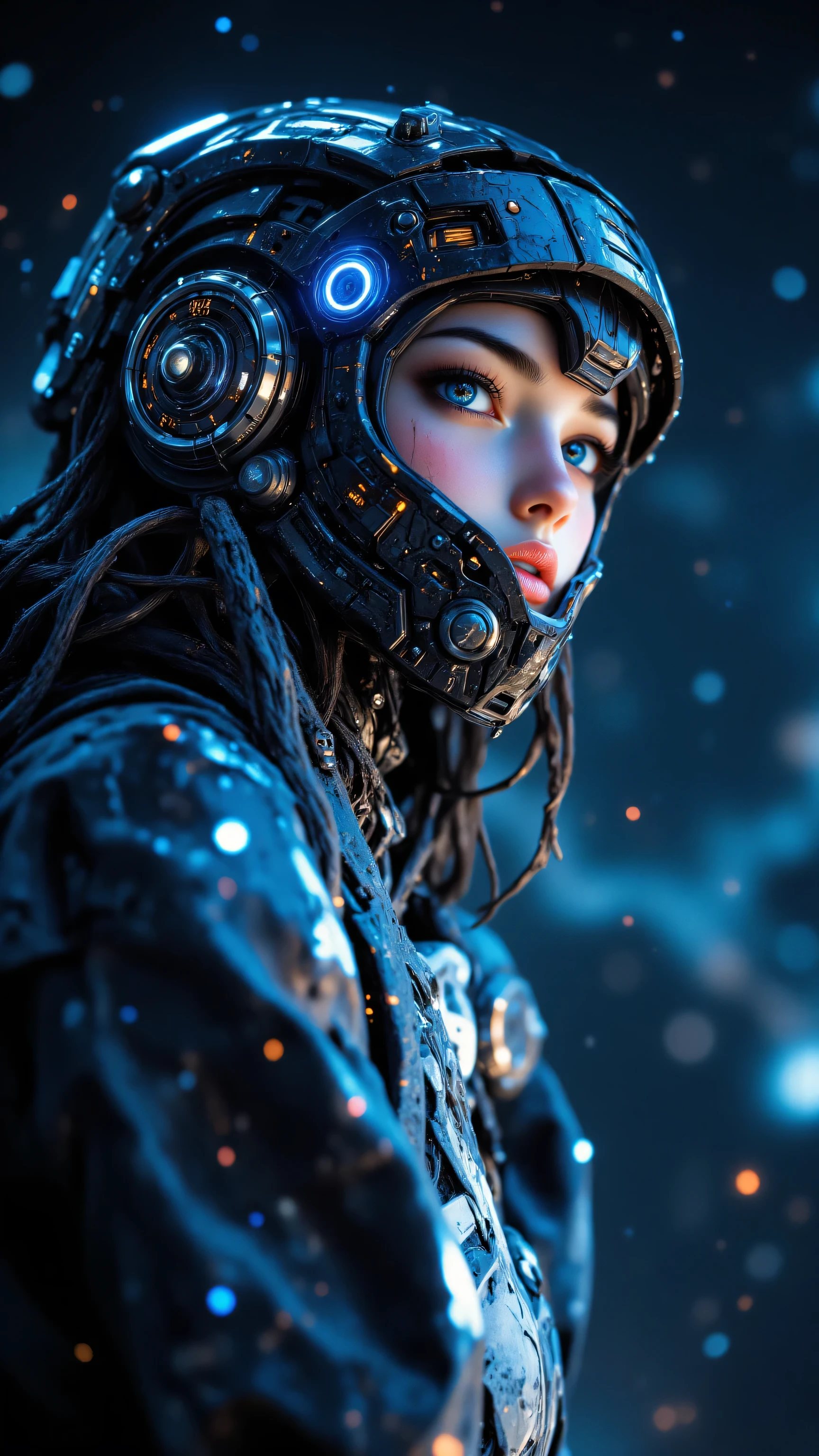 8k, Masterpiece, Top Quality, Low-angle, close-up.  Female,  androgynous,  translucent skin,  glowing eyes,  determined expression. Futuristic helmet, goggles,  circuitry,  blue glowing accents,  technological suit,  uniform.  Slightly tilted head,  pensive pose.  Cosmic background, nebula,  stars,  dark space,  particles,  depth.