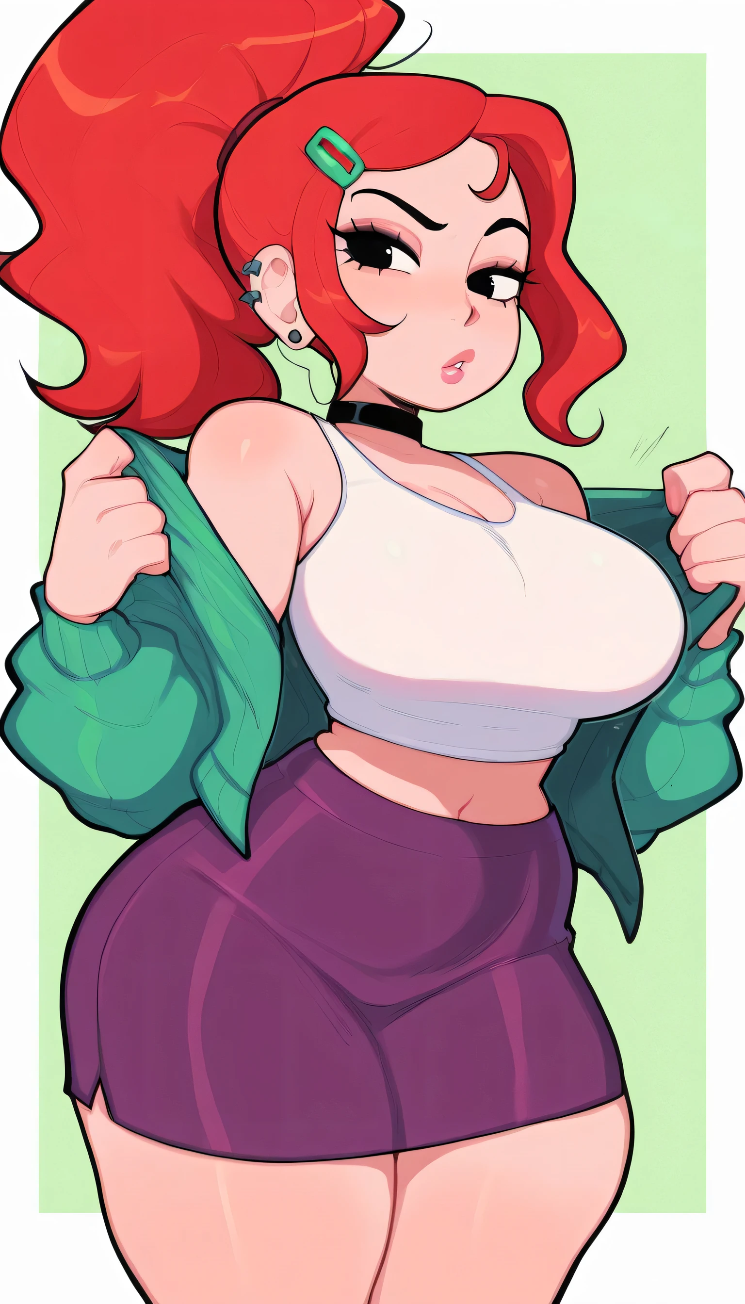 Masterpiece, better quality, Absurds, very aesthetic, a girl, Alone , slow down, red hair, hair ornament, ponytail, spiky ponytail, Beautiful hair, black eyes, pinza , ear piercing, earrings, black choker, white shirt, crop top, green jacket, midriff, open clothing, purple skirt , mini fold, Polka dot background , white border , Big breasts, off the shoulder, Navel Peek , narrow waist, of foot, Big breasts, cowboy shot, girl poses dynamically,