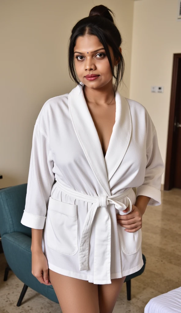 Female, slim, Thai, Mature, 60 years old, black hair, glowing blue eyes, realistic hands, realistic, masterpiece, high detailed, 4K, standing, bedroom, high detailed, smile, white bathrobe