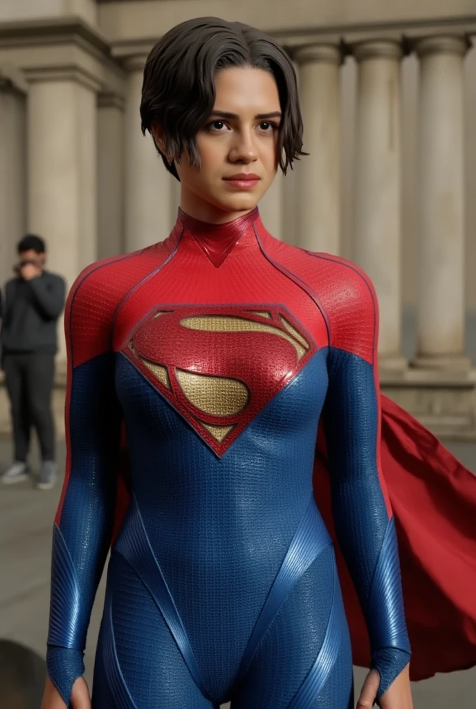 photo of supergirl, short hair, bodysuit, outdoors sunny day, background battle, analog style (look at viewer:1.2) (skin texture), Fujifilm XT3, DSLR, 50mm <lora:Sasha Calle SupergirlV2:0.85>