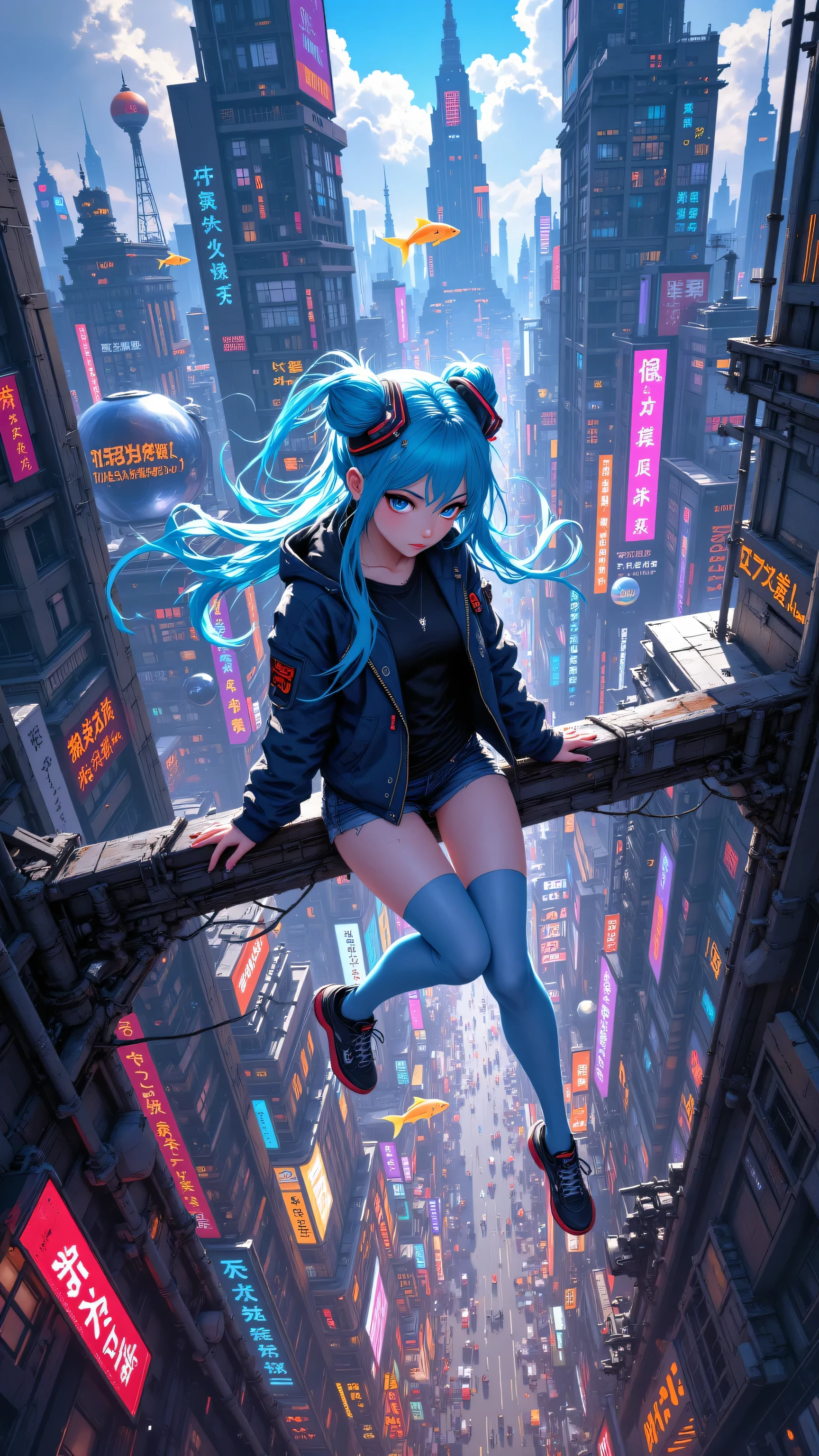 8k, Masterpiece, Top Quality, High-angle, wide-shot, fisheye, vibrant, blue hair, twintails, serene expression, dark jacket, black top, light blue thigh-high socks, sneakers, perched, transparent orb, colorful fish, bustling cityscape, towering buildings, neon signs, busy streets, futuristic, fantasy, rich color palette, blues, pinks, oranges, greys, blacks.