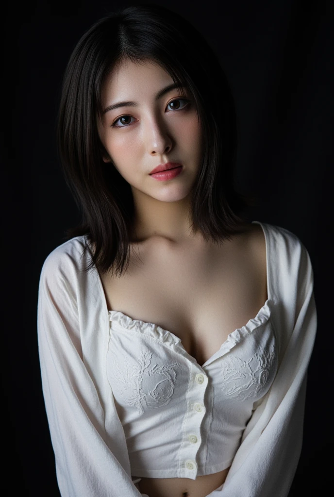 1girl, woman, masterpiece, best quality, highest quality, (volumetric lighting), extremely detailed CG unity 8k wallpaper, focused, 8k wallpaper, extremely detailed, ultra realistic, photorealistic, sharp focus, absurdres, (HDR:1.2), (high contrast), photograph, detailed and intricate, instagram, portrait, highly detailed, digital painting, artstation, concept art, smooth, sharp focus, illustration, natural breast, medium shoulder, looking at the viewer.