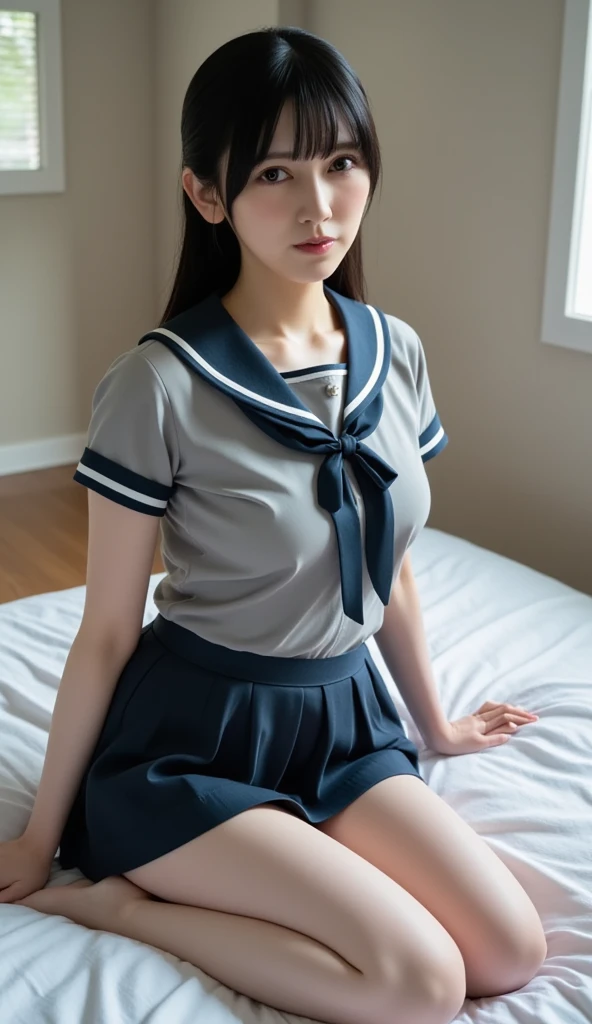 Her legs are spread wide and her too-small white cotton panties are visible.、Her white panties made of lace material are visible.、A beautiful young girl with blonde twin tails wearing a sailor suit is leaning on a fluffy white sofa, lifting her white blouse to reveal a white bra, and opening her legs and lifting her skirt to reveal white lace panties., a blond, Photos of very beautiful Nordic-born girls, 12years, Blonde hair ,Seductive open legs pose, 4k, top-quality, hight resolution:1.1), Drawing so that the crotch cloth of the white underwear is visible, tiny panties, white panties made of lace material 、Blue plaid skirt, Red plaid skirt, high school student uniform、 a sailor suit, Cleavage visible from the blouse, The clothes are fluffy, bed room, class room, dining room, tiny chest、 Under hair is transparent、 Nipples are see-through, Wet panties , Angle from your feet, The bra is sheer、 Clothes are see- through、 White panties with ribbon NSFW NSFW