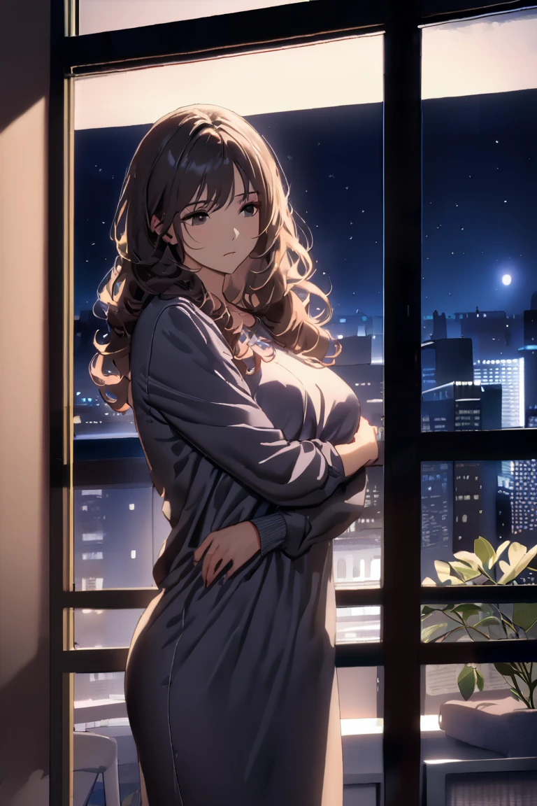 2D, masterpiece, masterpiece, Highest quality, anime, Highly detailed face, Highly detailed eyes, Highly detailed background, Perfect lighting, whole body, 1 Girl, alone, Collared shirt, Green Sweater, Black Skirt, pantyhose,Photo ID card, Embarrassing, smile, Are standing, office 、Take off、Big cleavage、 (night:1.8, 深nightの灯りが消えたOffice:1.8)
