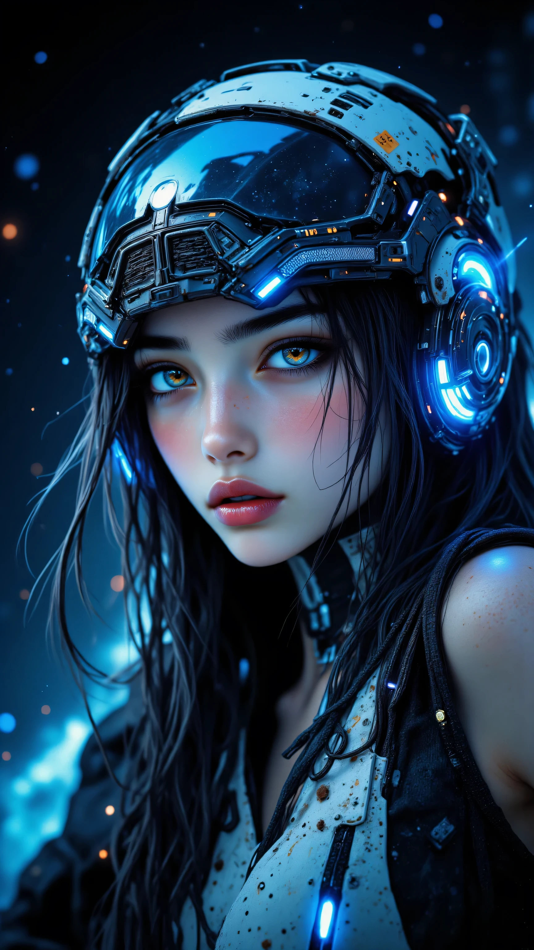 8k, Masterpiece, Top Quality, Low-angle, close-up. Female, androgynous, translucent skin, glowing eyes, determined expression. Futuristic helmet, goggles, circuitry, blue glowing accents, technological suit, uniform. Slightly tilted head, pensive pose. Cosmic background, nebula, stars, dark space, particles, depth.