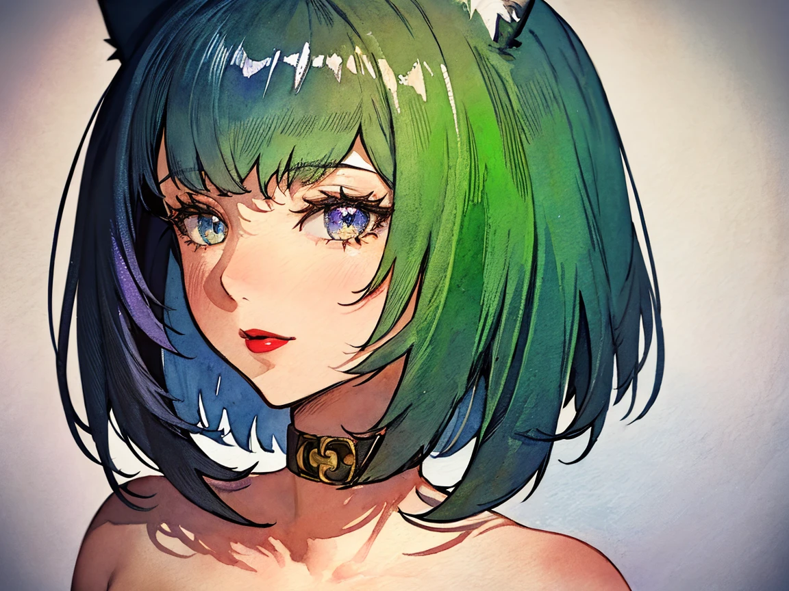 (masterpiece, best quality, absurdres), 1girl, dark green hair, short straight hair, blunt bangs, grey eyes, petals, pale skin, thick brows, simple drawing, portrait, fox ears, kitsune