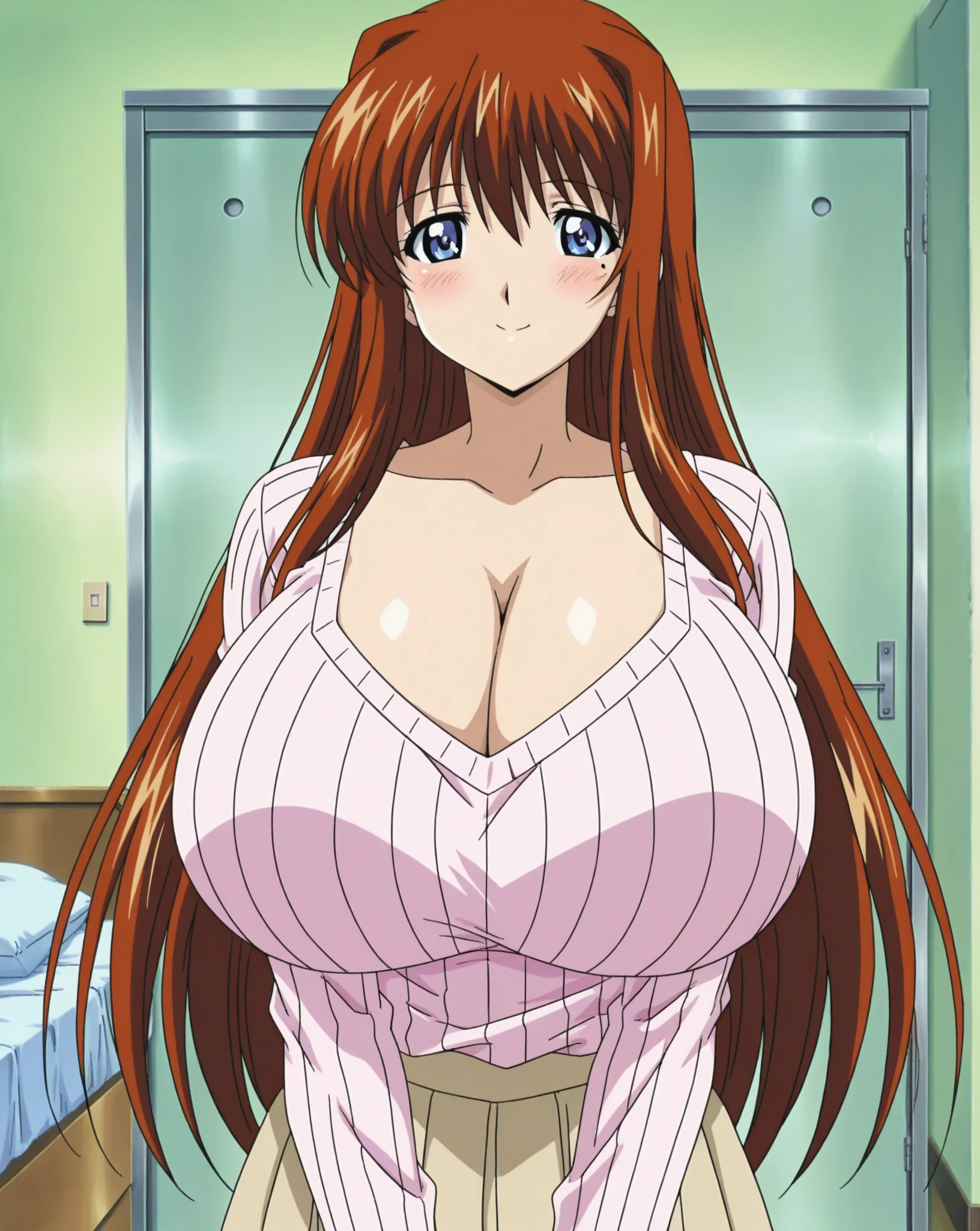 1990s anime cels style, 1990s manga style, best quality, high resolution, rinko_iori, apron, yellow ribbed sweater, (huge breasts:1.2), bed room, sitting, jeans