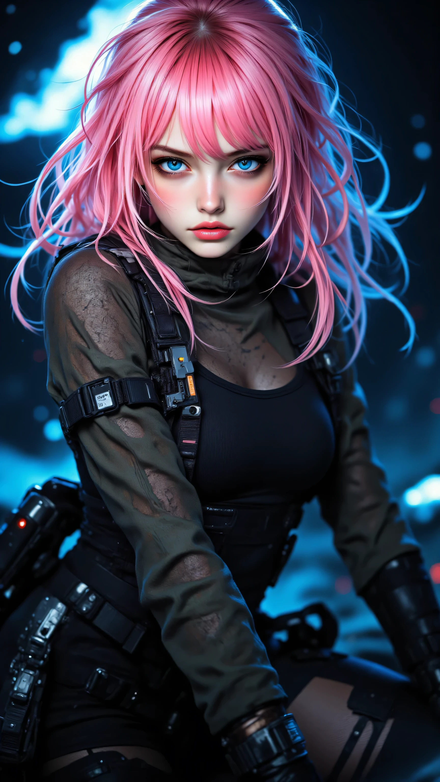 8k, Masterpiece, Top Quality, High-angle, close-up.  Pink hair, blue eyes, serious expression,  dark clothing, tactical gear,  form-fitting, straps, buckles, choker,  dynamic pose,  slightly downward facing, blurred, dark, space background, blue energy.