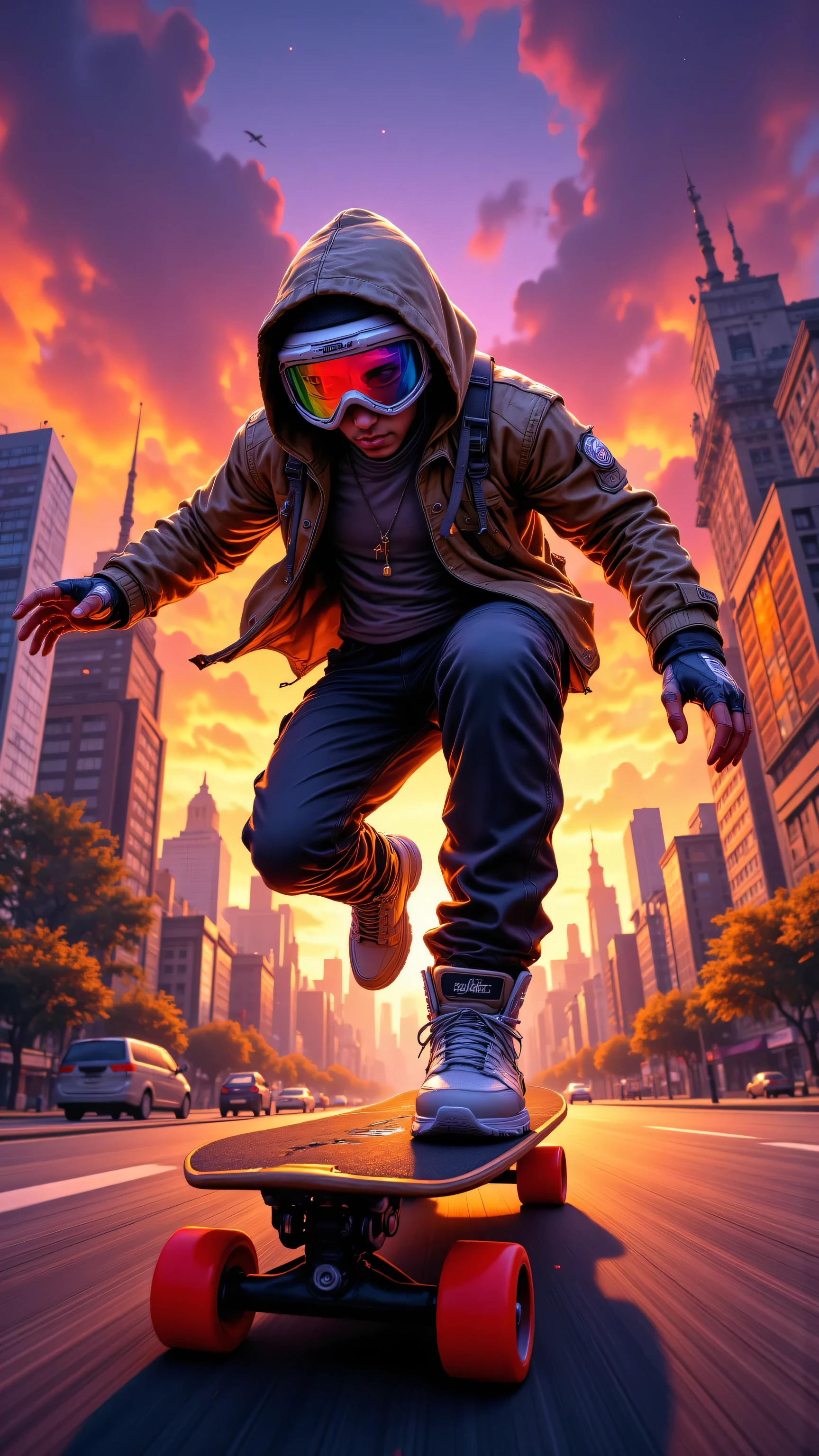 8k, Masterpiece, Top Quality, Low-angle, fisheye, dynamic, energetic, hooded jacket, goggles, bulky shoes, dark pants, lighter patterns, vibrant skateboard, orange wheels, dense cityscape, sunset hues, warm palette, orange, pink, purple, cooler tones, speed.