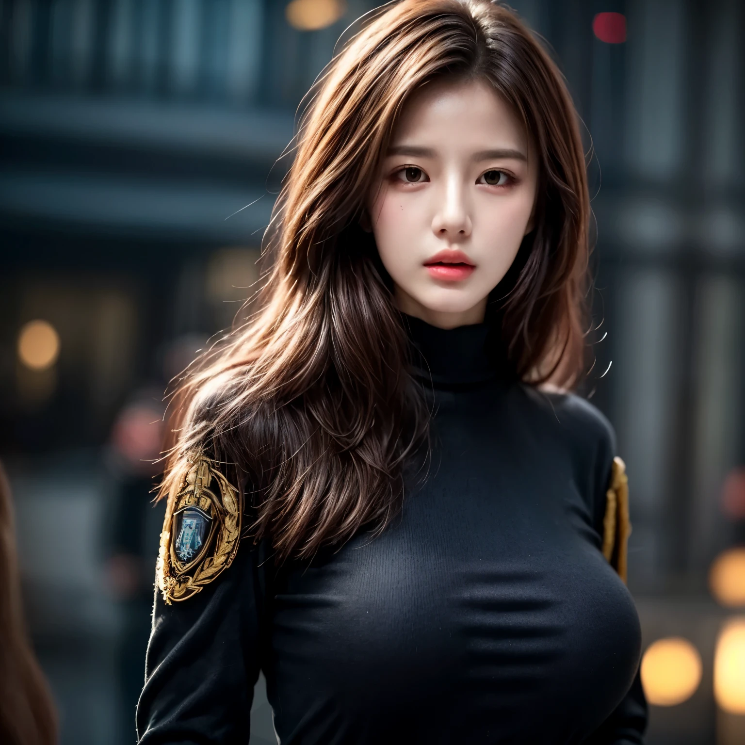 ((extreme quality)), ((Masterpiece)), ((Enrich the picture,Masterpiece level quality)), golden hair, long hair, very big breasts, golden eyes, fierce woman, ultra eyes details, RAW 4K, Realistically , ( cinematic lighting, moody, textile shading), perfect proportions, ultra detailed, volumetric lighting, soft lighting, glossy skin, beautiful face, Special face details, strong emotions, elegant gesture, Detailed facial features, Long eyelashes, contrast, Incredible atmosphere, Fascinating setting, Haunting beauty , army, army uniform,