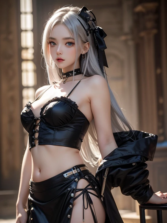 ((masterpiece:1.5,Highest quality,Highly detailed images,Beautiful images、Realistic、Photorealistic、2.5D))(1girl, 独奏)(medium breasts, white hair, black eyes, Healthy legs、Tight ass、Beautiful cleavage)(Fantasy dresses、Fantasy Clothes、Battle Dress from Another World、Deep slit)(wind, floating hair)(Inside the castle、Audience Chamber)
