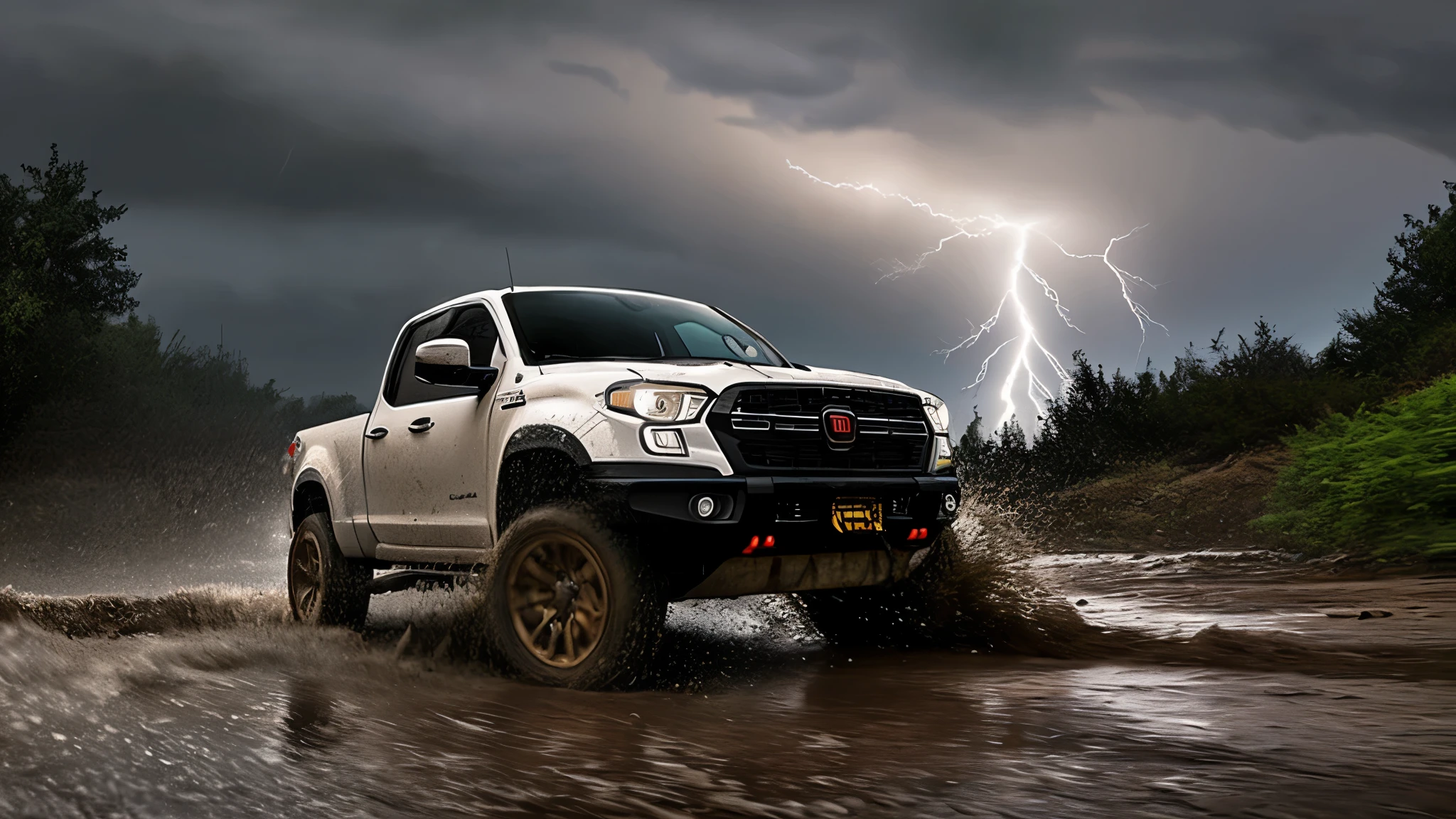 “A rugged, custom Fiat-style compact pickup truck, modified for off-road performance, speeds through a muddy mountain trail in a heavy rainstorm. The truck’s four-wheel drive system ensures stability and control even on the slippery, treacherous terrain. The scene is dynamic and intense, with motion blur emphasizing the vehicle’s speed and power. Water splashes cling to the truck’s body, while rain pours down, creating a dramatic and atmospheric setting. The realism is unparalleled, with photorealistic details capturing the texture of the mud, the rugged design of the truck, and the individual raindrops. The lighting is dramatic, with flashes of lightning illuminating the stormy sky and highlighting the truck’s bold silhouette. The overall mood is raw and powerful, perfectly capturing the essence of off-road adventure in extreme weather conditions.”

Settings:

Aspect Ratio: 16:9 (for a wide, cinematic composition)
Quality: 8K Ultra HD (for maximum realism and detail)
Style: Photorealistic (to achieve a lifelike appearance)
Lighting: Stormy, dramatic (to emphasize the rain and lightning effects)
Details: Highly detailed truck design, muddy terrain, and realistic water splashes (to enhance realism)
Atmosphere: Intense and atmospheric (to convey the raw power of the scene)
Motion Blur: Enabled (to emphasize speed and dynamic movement)