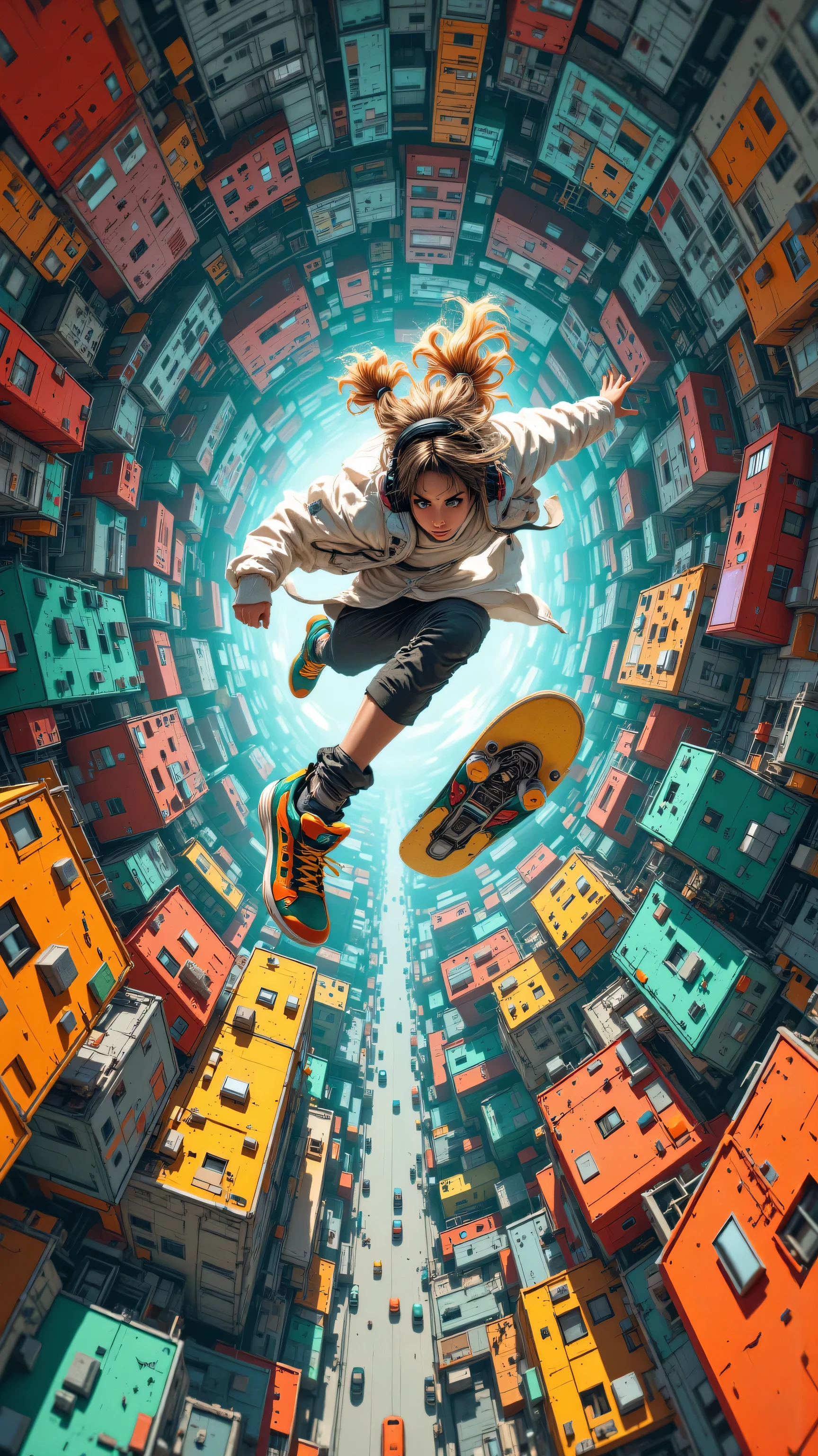 8k, Masterpiece, Top Quality, Low-angle, worm's-eye-view, dynamic, energetic, youthful, determined, headphones, white jacket, dark leggings, colorful sneakers, mid-air, leaping, skateboarding, swirling, vortex, orange, teal, yellow, speed, movement, miniature, city, colorful buildings, densely packed, futuristic, Asian-inspired, urban, detail, bold colors, contrasting textures, falling, spinning, expressive, surreal.