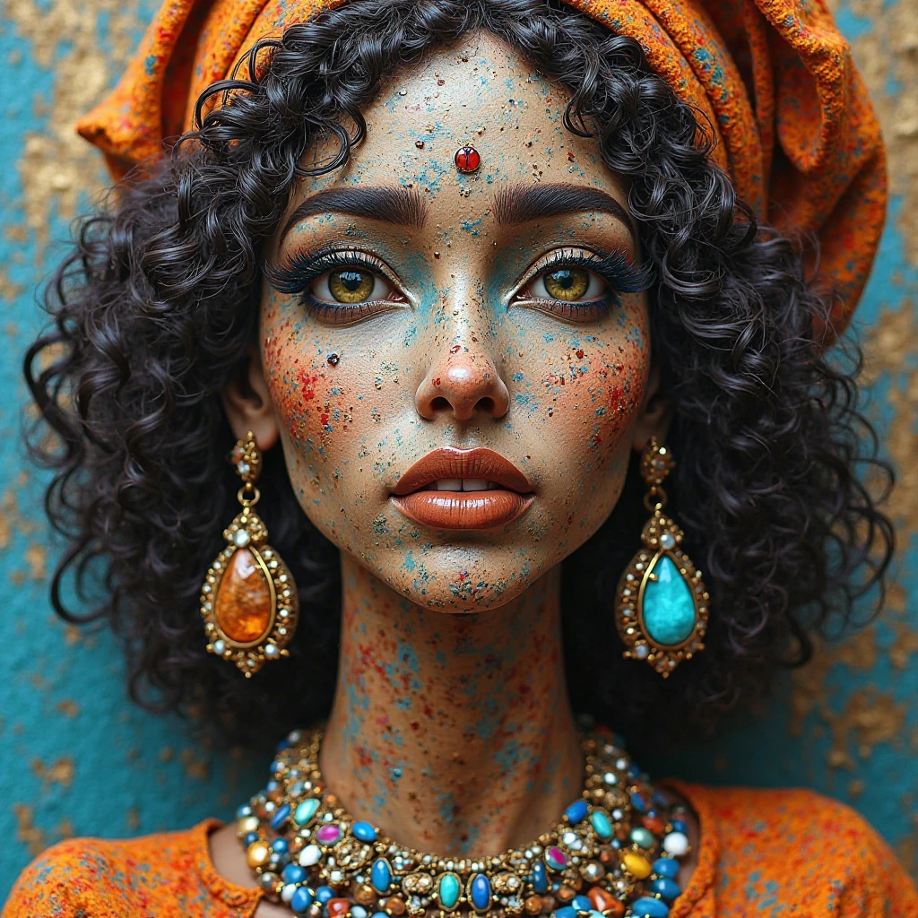 gold jewelry empty body Turban on the head  Peacock feathers on the head smiling face