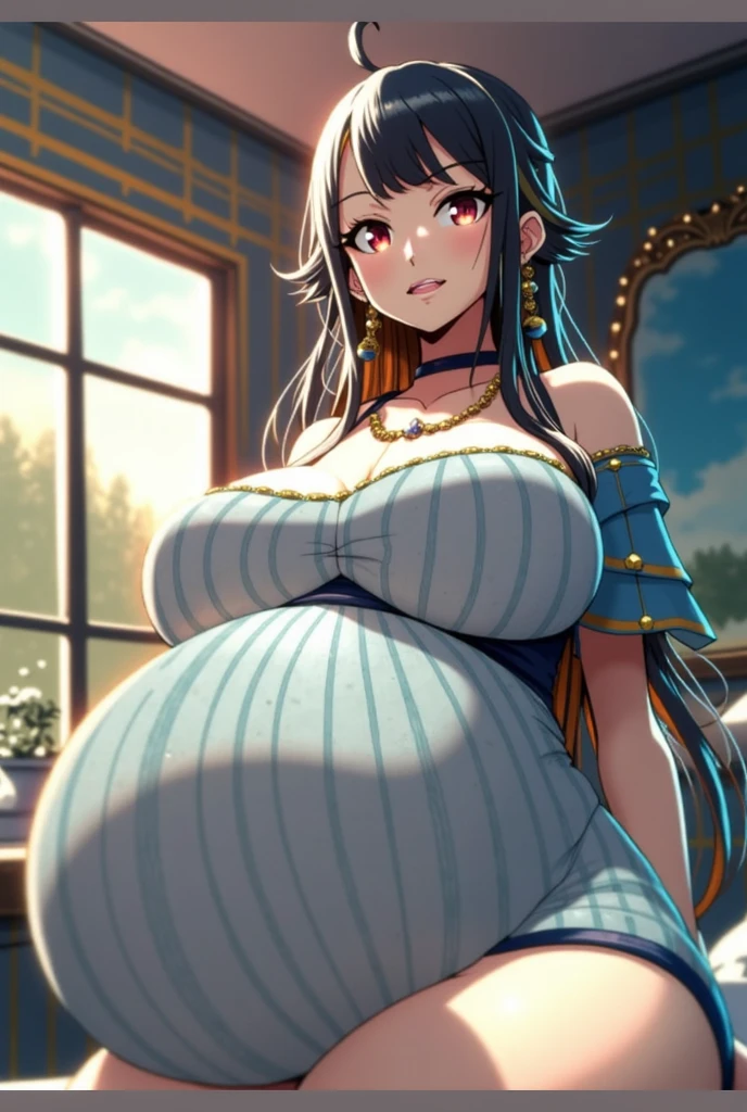ultra-detailed, extremely detailed,((anime artstyle)),Masterpiece,(Best Quality),(Super Detail),(Very Delicate and Beautiful),((Solo)),((full body)),full body,((detailed face and eyes)),perfect eyes, rendered eyes,jewel-like beautiful eyes,((embarrassed,blush)),((1 pregnant princess in beautiful embroidery and jeweled gorgeous rococo ballgown with voluminous full length hoop skirt)),(((heavily pregnant))),((Crinoline,luxurious ruffles)),beautiful embroidery and jeweled gorgeous rococo ballgown with voluminous full length hoop skirt,(large amount of straight hair,extremely voluminous Very Long straight Hair,Absolutely Long Straight Hair),(((very gigantic boobs))),skindentation,Bursting breasts,cleavage,(fantasy castle,luxury palace),long_gloves,extremely gorgeousfull jeweled hair ornament,(bling-bling extremely gorgeousfull jeweled tiara),(luxurious jewelry),full body,beautiful embroidery and jeweled gorgeous rococo princess ballgown with voluminous full length hoop skirt