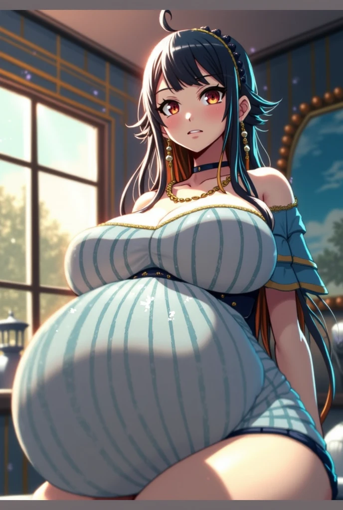 ((anime artstyle)),(Masterpiece),(Best Quality), (Super Detail),((Very Delicate and Beautiful)),(((Solo))),((full body)),(((1 bling-bling pregnant princess in beautiful embroidery and jeweled gorgeous rococo ball gown dress with voluminous full length hoop skirt))),((heavily pregnant)),very big pregnant belly,((bling-bling)),Long train,(bling-bling gorgeous gemstone jewelry),detailed face and eyes,jewel-like eyes,cry,(((embarrassed))),((large amount of straight hair,extremely voluminous Very Long Hair,Very Long Straight Hair)),(((gigantic tits,Long tits))),cleavage,(gorgeousfull embroidery and lace),gorgeous corsage,See-through,((extremely gorgeousfull hair ornament)),bling-bling extremely gorgeousfull jeweled tiara,ornate ruffles,(hoop skirt,crinoline),((Dynamic Angle)),Looking at viewer,((royal bedroom)),((full body)),((beautiful embroidery and jeweled extremely gorgeous rococo ball gown dress with voluminous full length hoop skirt))