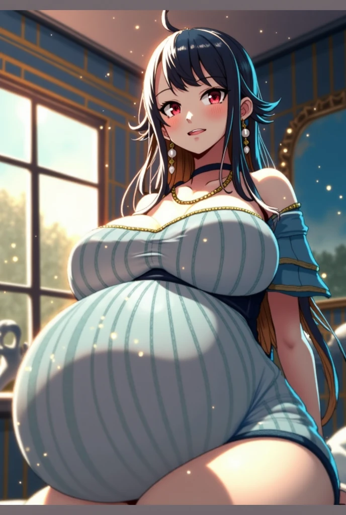 Sexy pregnant princess, elegant tight light blue dress with white details, brown hair, blue eyes, medium breasts, cleavage, sexy pose