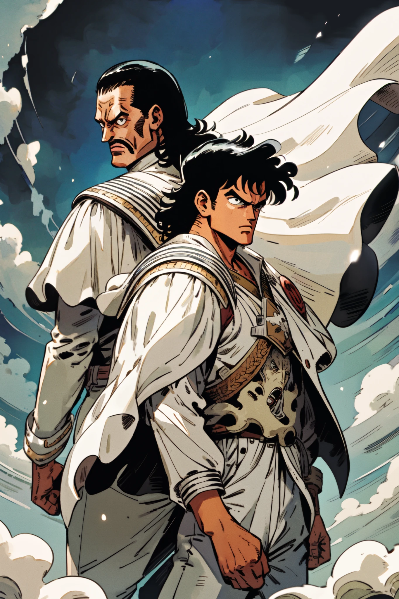 white man, with mullet-style black hair , de 35 anos, magro, with a white cover, with a sailor's shoulder pad, with a white navy suit and with a scythe on your back. Make it in the art style of one piece. make it face up