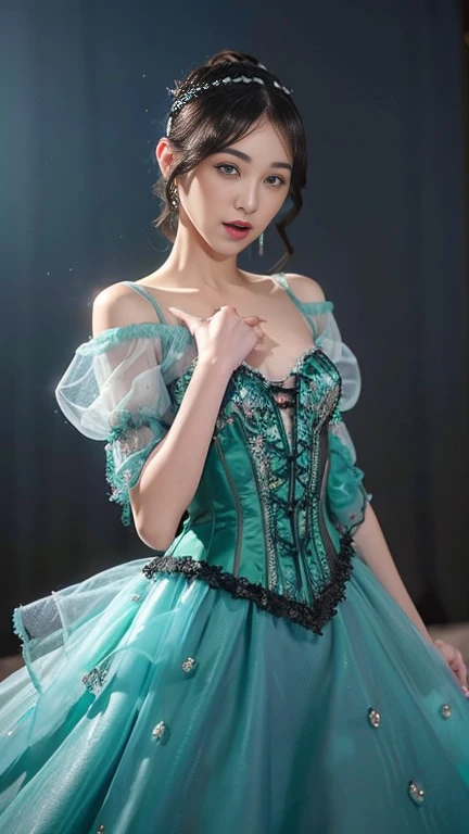Uhd, photo of Cami, subject: Noriko, 1/2 Japanese 1/2 Hainu skinny girl in 2/00 a large wheelchair with long wavy black hair in soft curls with a slight lift at the crown and a middle or side part. The look is classic and romantic, perfect for a vintage-inspired outfit, and fringe, blue+++ eyes, oval face, LGBTQIA+, queer, punk style, wearing an elegant Victorian-style Quinceañera gown dress designed for a Sweet 16 celebration. The bodice is a fitted corset adorned with intricate lace details and delicate embroidery, creating a sophisticated and timeless look. The off-shoulder neckline adds a romantic touch, revealing just the right amount of décolletage. The skirt is voluminous and floor-length, made from multiple layers of soft tulle that give it a dreamy, princess-like appearance. Subtle sequins and floral appliqués embellish the tulle, catching the light and adding a touch of sparkle to the dress. The back features a lace-up design, ensuring a perfect fit and leading to a small train that trails gracefully behind. The dress is pastel green. Tattooes. Background: New York Comics, green meadow.