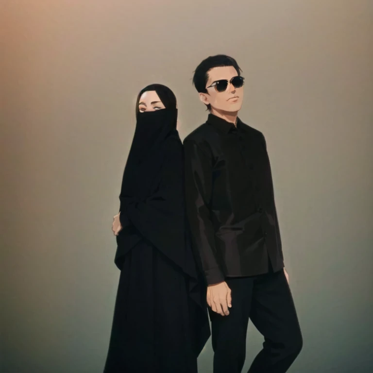 photo of a father and a girl beside him wearing a black shirt and headscarf