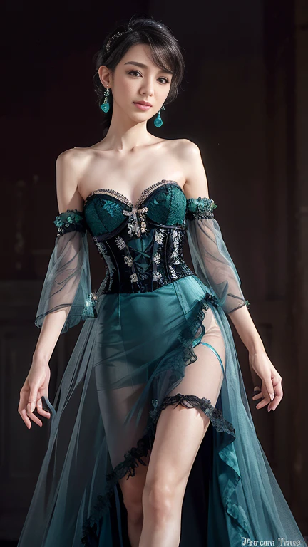 18th century long Gothic Victorian dress with layers of fabric, blue green color. jewelry. large breasts. wide hips. 19th century city.Pisa Baptistery Of St. John background,navel,bare shoulders, bare chest. flowers. winter, summer.