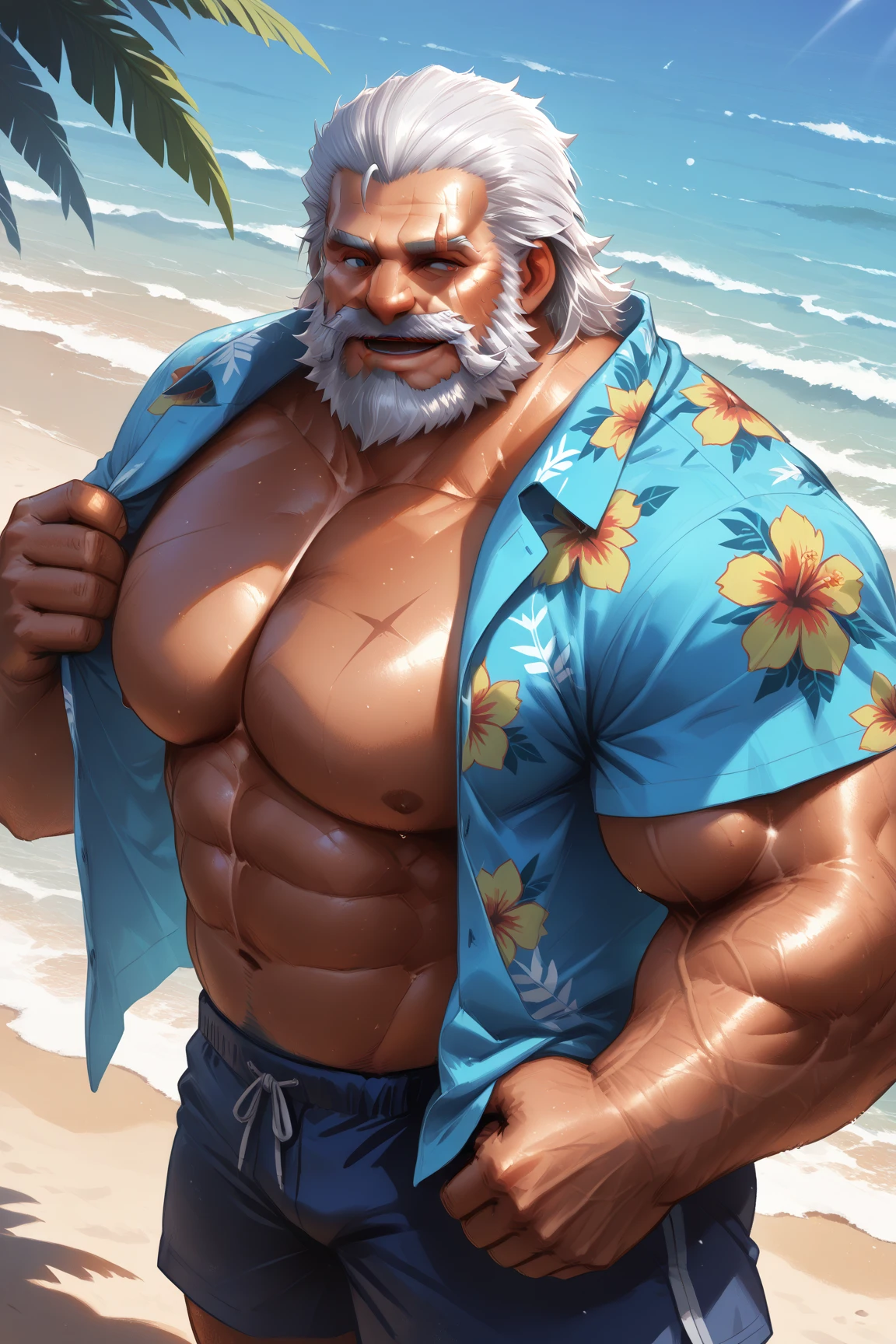 (masterpiece, highres, ultra detailed, best quality:1.2), (colorful, depth of field, dutch angle, person-centric:1.4), green light, reinhardt, old man, white hair, scar across eye, beard, detailed eyes and detailed face, handsome, smile, without clothes, shirtless, big muscle, big chest, very fat, sunlight, city street, looking away,