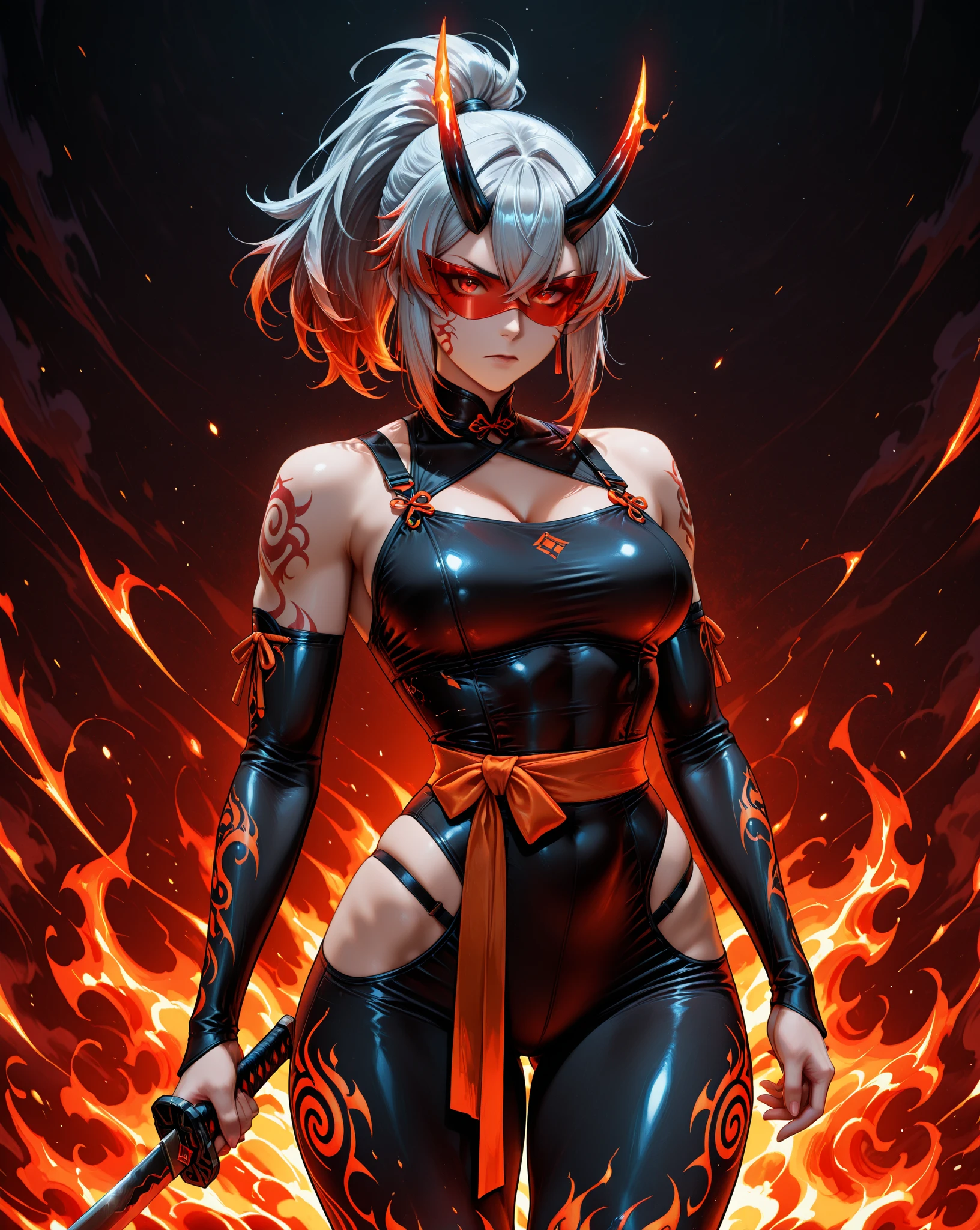 girl, Rotten Zombie Warrior, Evil look, sexy, Wield a spear, Demon Armor, Face Paint, Body Paint, Red glowing eyes, Combat Stance, Vibrant appearance, Creative Action, Imaginative, Sensual, Voluntary, Highest quality, Skin Texture, Intricate details, (Cinema Lighting), RAW Photos, 8k