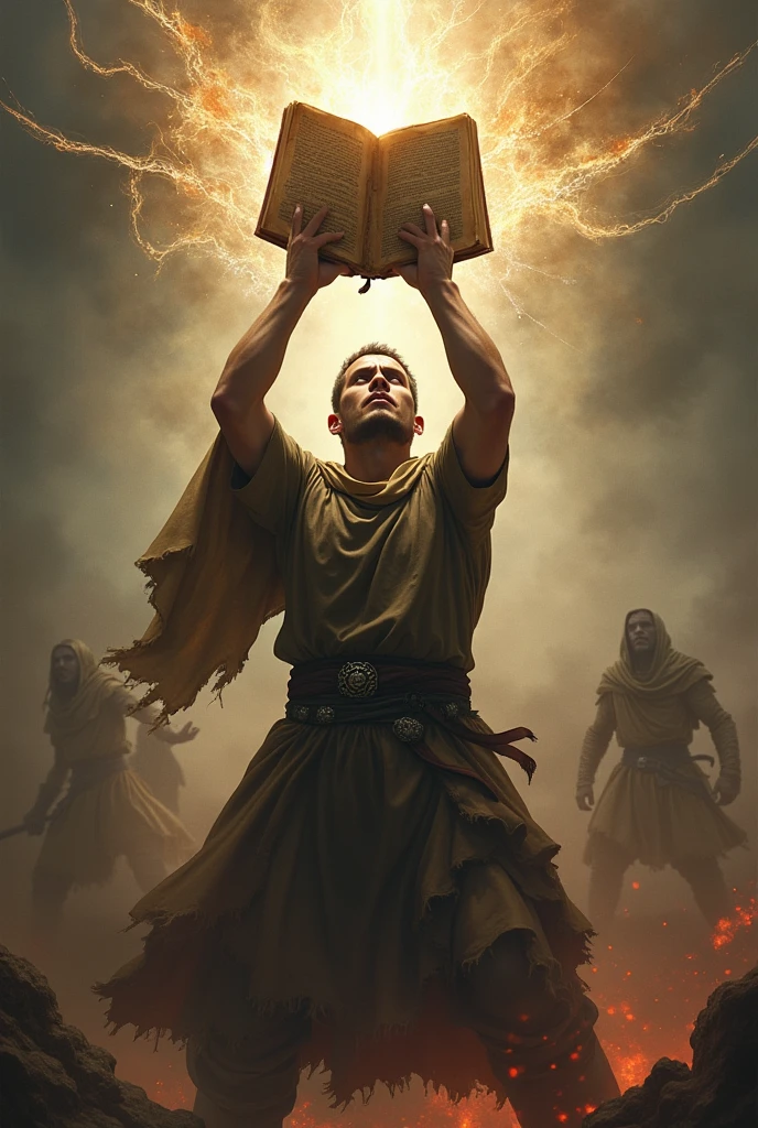 A man with a dagger on his right hand, and bible on his left hand, as a shield his eyes were shining , his body was surrounded with light