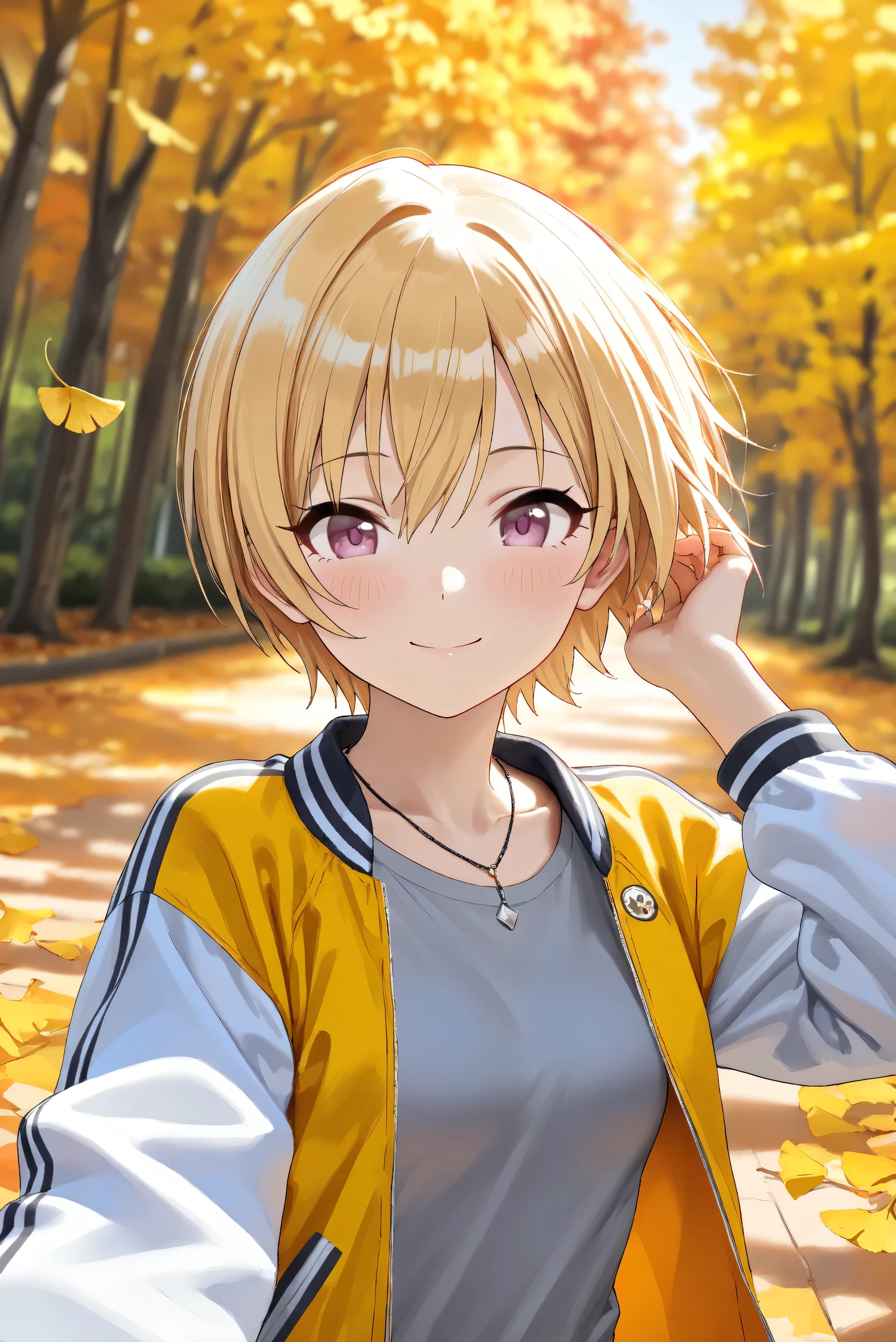 (Masterpiece), (Highest quality), (Very detailed), 
(The best shape), (Best Shadow), (Absurd), 
(Detailed background), (So beautiful), Shiny , 
Beautiful eyes in every detail, Extraordinary, Countershading, 8k, 32K, High resolution, 
Very Detailed CG,

Score_9, Score_8_up, Score_7_up, Source_anime, 
(Pastel painting:1.2), (Watercolor painting:1.2),
(Masterpiece, Detailed:1.2), (Foreshortening:1.2),

Cinematic, Dramatic, (Depth of field:1.4),
(Blurry background:1.4), (Realistic background:1.4),
Dynamic angle, 
1 girl,
Autumn, Outdoor, Nature, Park, Wind,
Autumn leaves, Ginkgo,
Scenery, Autumnforrestmb, Autumn, Forest, Tree, Nature, Outdoors, 

Saijo Juri,
the idolmaster shiny colors,
juri saijo, short hair, blonde hair, purple eyes, small breasts,

(Casual wear:1.3), 
T-shirts, (Gray t-shirts:1.3), 
Souvenir jacket, Yellow jacket, (Long sleeves jacket:1.2), White sleeves, 
Necklace,

Portrait, (focus on face:1.1), (Close up shot:1.1),
(Blush:1.3), smile, happy,
Realistic skin, Shiny skin,