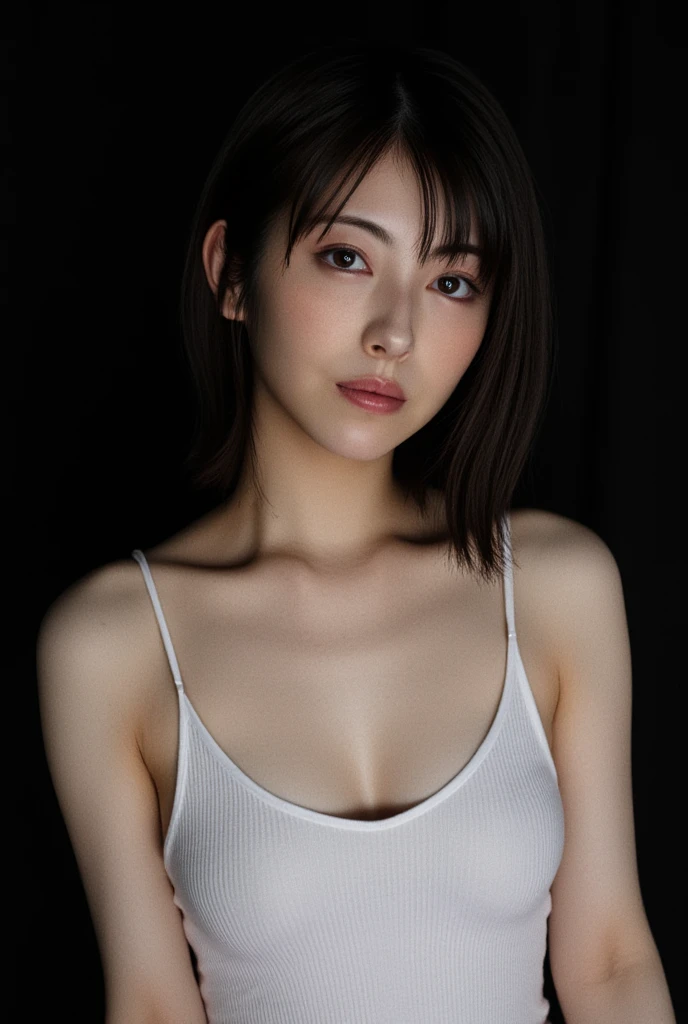 high school girl,Beautiful Face,(Big Breasts:1.4),NSFW,Glare,Abdominal muscles,Japanese,Very short hair,Black Hair,Her arms are pressed together to hold her chest together,Gravure pose,Topless