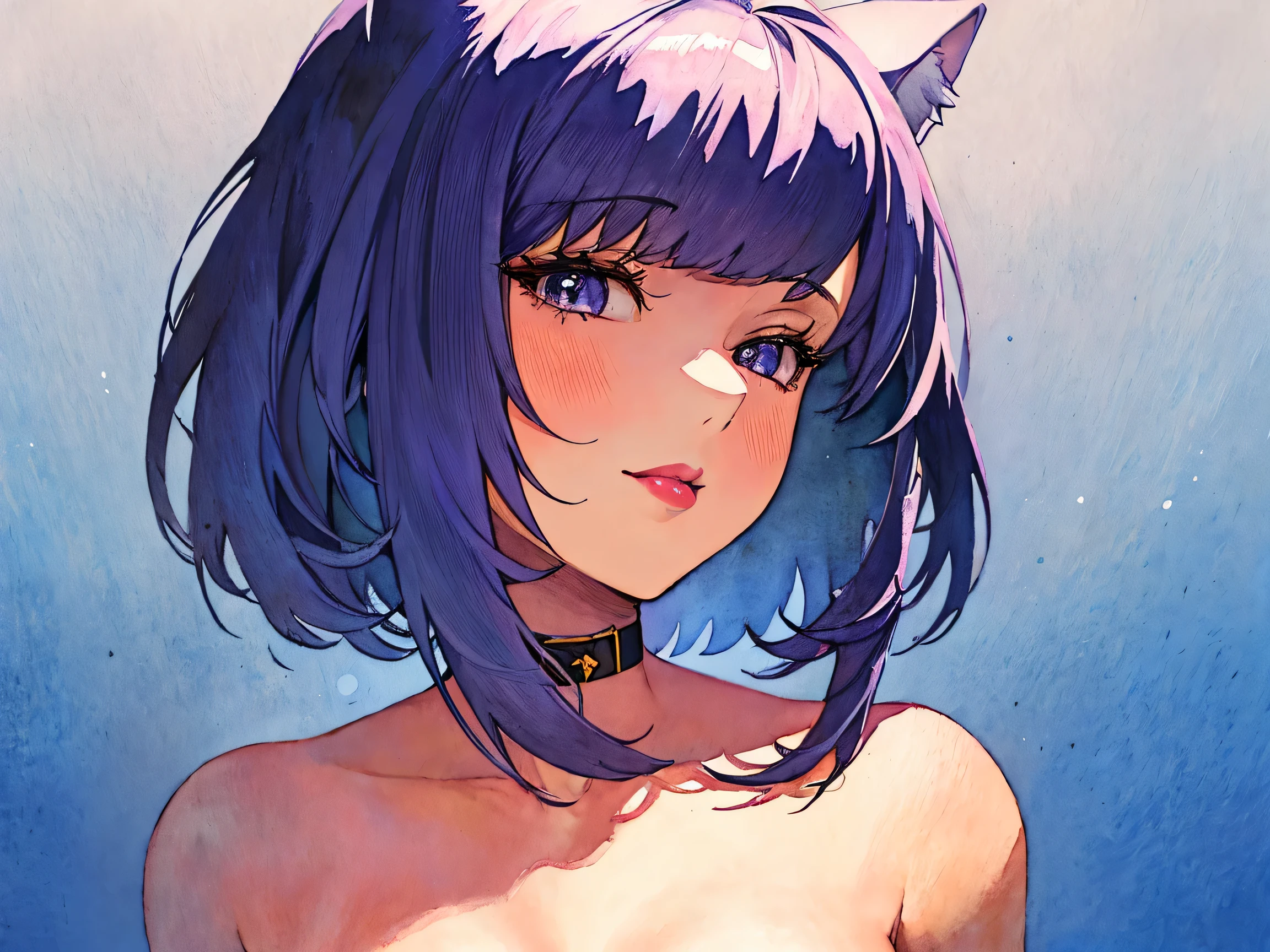 1girl, solo, bob cut, short hair, cat ears, portrait, closed mouth, looking at viewer, watercolor \(medium\), lips, hatching \(texture\), red lips, shiny skin, perfect breasts, cleavage, plunging neckline, style retro classic, illustrated anime,