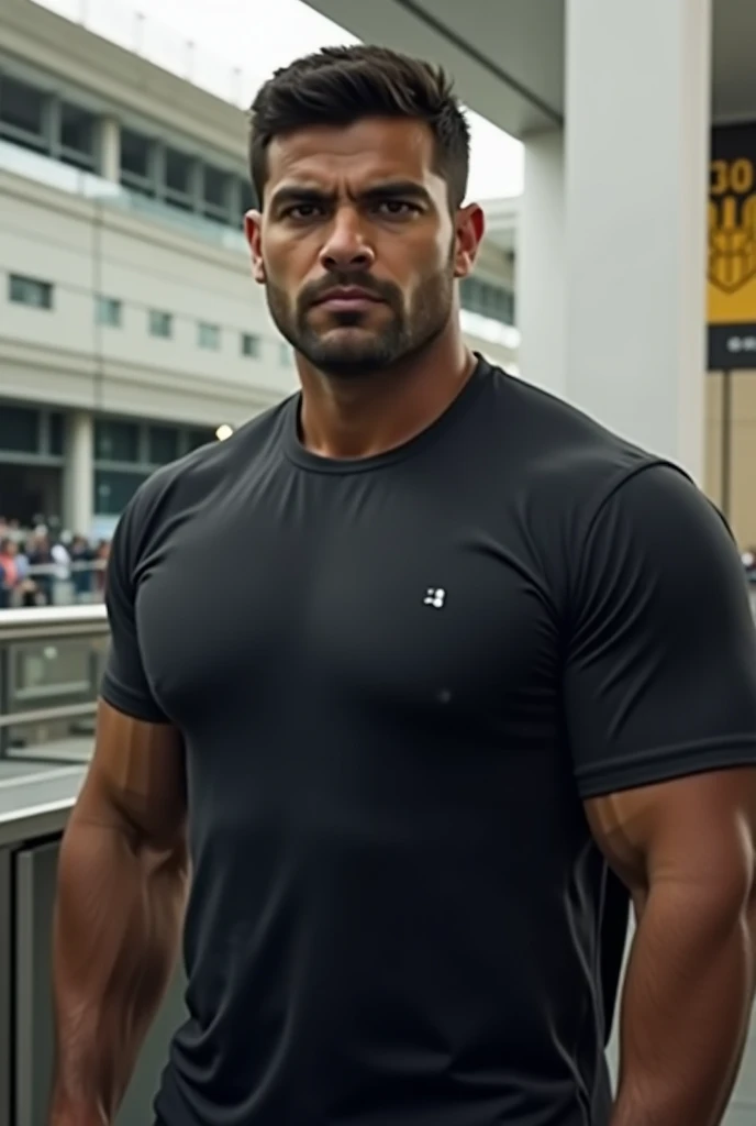 a middle-aged man with tanned skin, black hair, black eyes, 3-4 days short beard, strong but proportionate body, training in a street gym at sunset, (best quality,4k,8k,highres,masterpiece:1.2),ultra-detailed,(realistic,photorealistic,photo-realistic:1.37),highly detailed facial features, muscular build, dramatic lighting, warm color tones, urban environment, outdoor scene, golden hour lighting