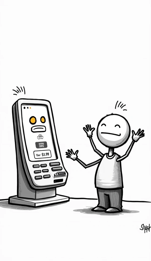 The kiosk screen now displays a robotic face—two glowing dots for eyes and a straight-line mouth—smugly assisting Bob. Bob looks distressed, waving his arms frantically. The screen flickers as the order resets to just a single lettuce leaf for $3.99. Bob’s stick face is twisted in disbelief, and his receipt prints out with a sad little ‘beep.’ The background remains minimal, emphasizing the kiosk and Bob’s reaction. The illustration is clean, black-and-white vector-style with bold outlines.