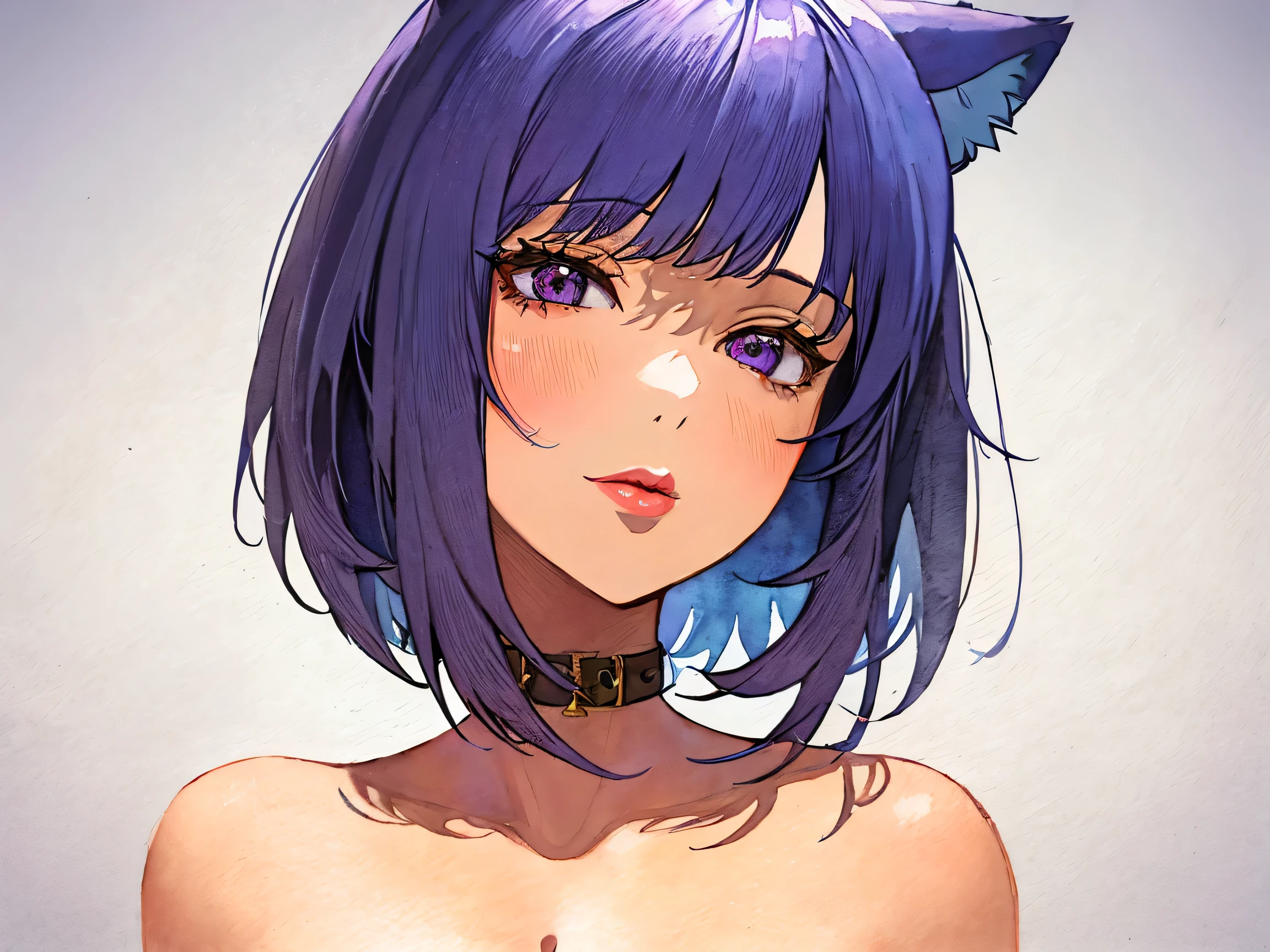 1girl, solo, bob cut, short hair, cat ears, portrait, closed mouth, looking at viewer, watercolor \(medium\), lips, hatching \(texture\), red lips, shiny skin, perfect breasts, cleavage, plunging neckline, style retro classic, illustrated anime,