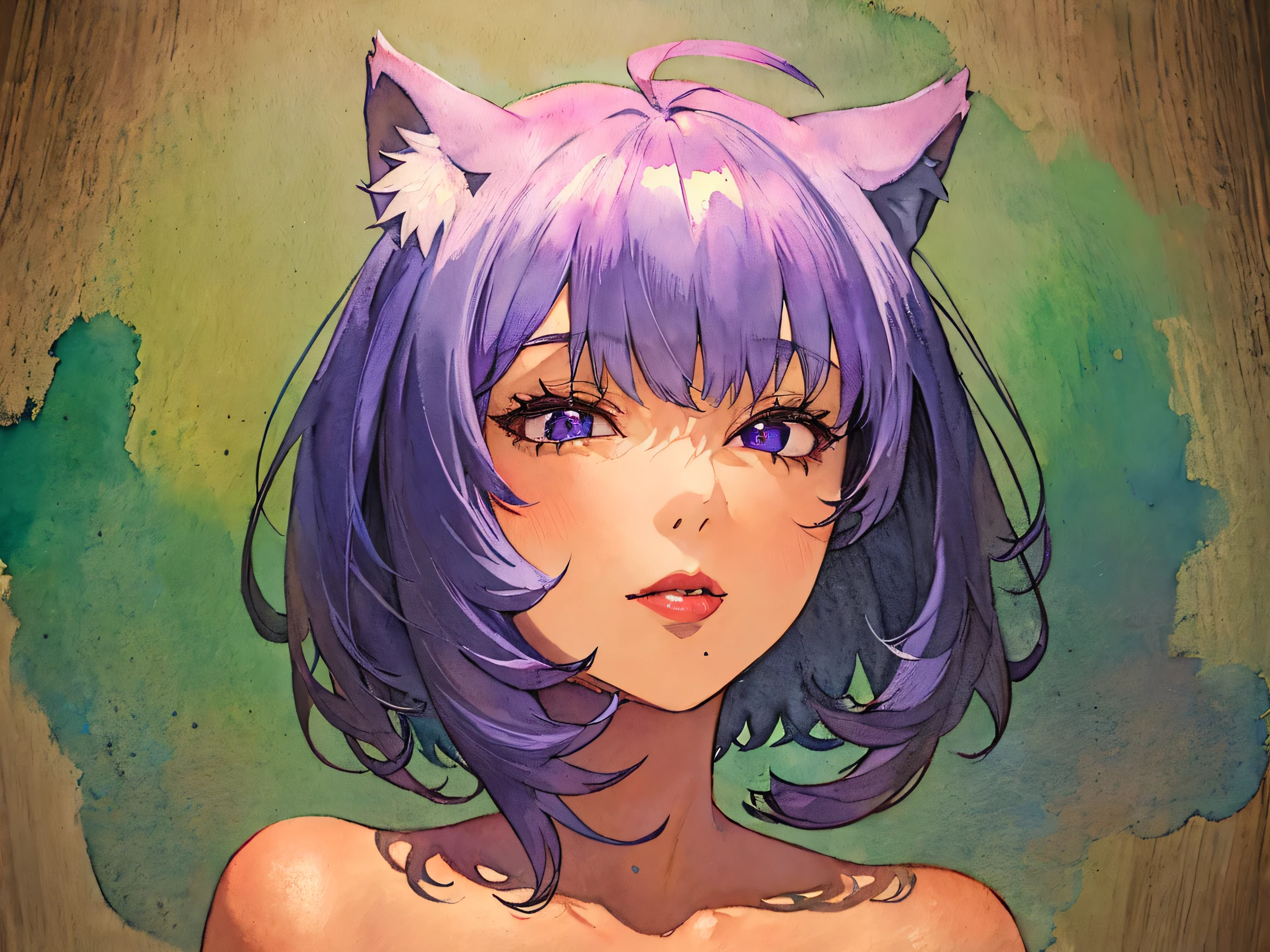 1girl, solo, bob cut, short hair, cat ears, portrait, closed mouth, looking at viewer, watercolor \(medium\), lips, hatching \(texture\), red lips, shiny skin, perfect breasts, cleavage, plunging neckline, style retro classic, illustrated anime,