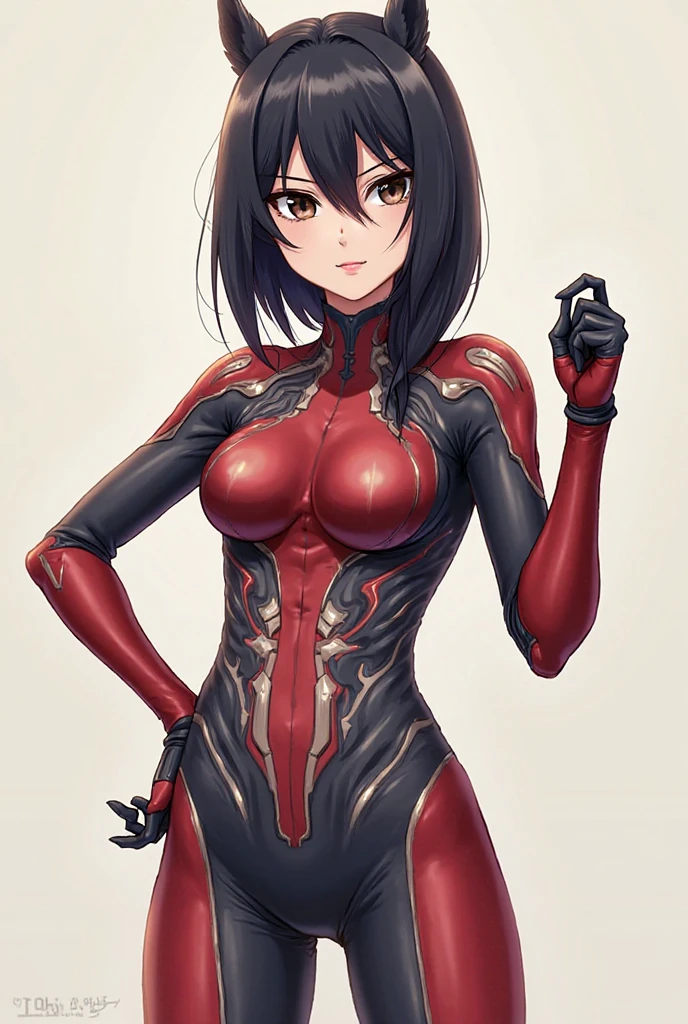 Ultra-realistic and extremely detailed full body image of a slender ponytail black hair girl clad in a figure-hugging red body suit. her hands, with their well-defined veins and intricately textured skin, are delicately poised in front of her, adding to the hyper-realistic rendering of the scene. each finger is meticulously depicted, their tiny details captivating the viewer's attention. her expressive, detailed eyes, with their large, wide-open pupils and intricately textured irises, are fixed on an unseen point, adding a sense of depth and intrigue to the image. the play of light on her suit, which