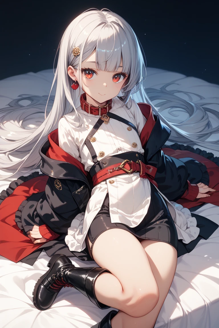 highest quality)), ((masterpiece)),Perfect Face((highest quality))cute,beautiful girl,Pure white hair,bangs,Medium Hair、blue eyes.Alone,smile,Cute, Short Hair、Beautiful eyes,Healthy Body、Beautiful breasts、8K、wallpaper、belt、White military uniform、mini skirt、beret、Chest Band、Rib Band、tights、boots、lie on bed