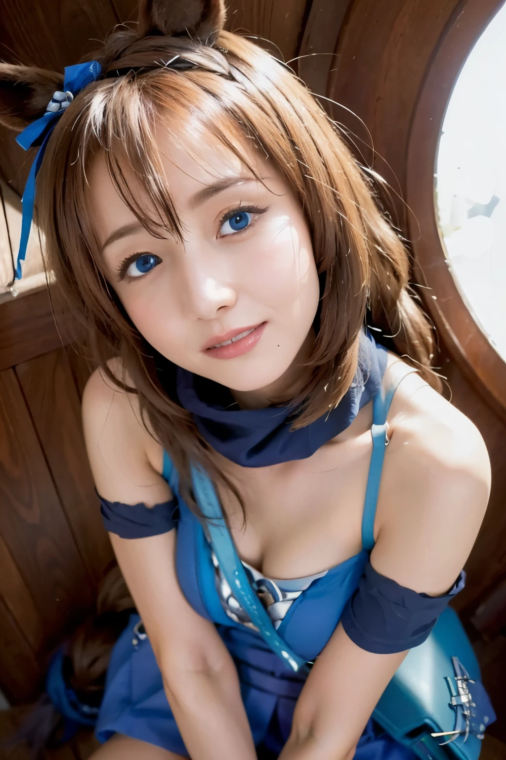 masterpiece、1 beautiful girl、fine eyes、smile、puffy eyes、highest quality, 超High resolution, (reality: 1.4), movie lighting、super beautiful、beautiful skin、body facing forward、close up of face、upper body close-up,(超reality的な)、(High resolution)、(8k)、(very detailed)、(美しくfine eyes)、(Super detailed)、 (wall-)、detailed face、bright lighting、professional lighting、looking at the viewer、look straight ahead、slanted bangs、perfect cosplay,masterpiece, highest quality, close, face shot, looking at the viewer,
super clique \(umamusume\), smile, put your hand on your cheek, 
blue scarf, removed sleeve, bare shoulders, O-ring, clothing clippings, wrist cuffs, Scrunchie, strap between breasts, handbag, Shoulder bag, blue clothes, white skirt, zettai ryouiki, thigh boots,

 