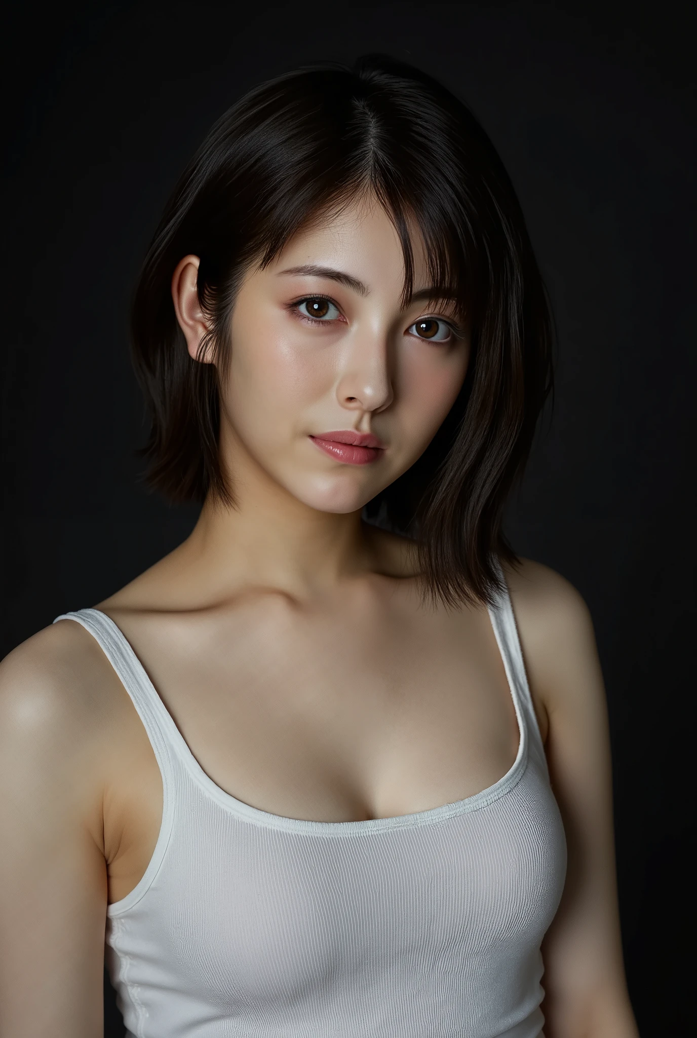 ((( High resolution,top quality, super detailed, Masterpiece , very detailed,realistic,real person,Ultra detailed skin))) ,dark background,(from front),upper body, medium shot, looking at viewer , (tempt face, closed mouth), black hair, medium hair, big breasts, cleavage,white tanktop, sit on bed, showing breasts