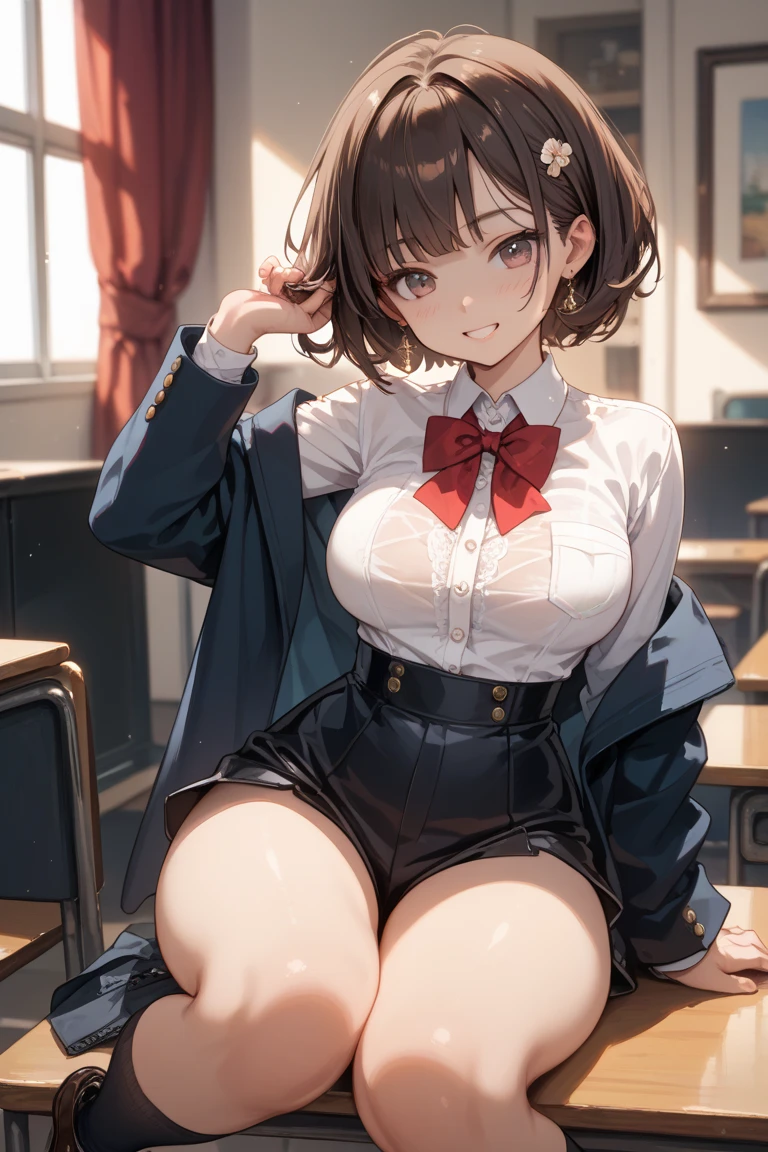 Highest quality, Soft Light, Ultra-high resolution,People Girls, alone, sexy, (Ecstatic face), (Brown eyes), Beautiful face in every detail,(High resolution detail of human skin texture), (Brown medium hair), break,Blazer uniform,(Fellatio gestures:1.2), (Open your mouth:1.2),tongue,(Sweat:1.5),Sigh,Pleated skirt,Crossing your legs,Saliva dripping from the mouth,Spread your legs,My leg is being grabbed